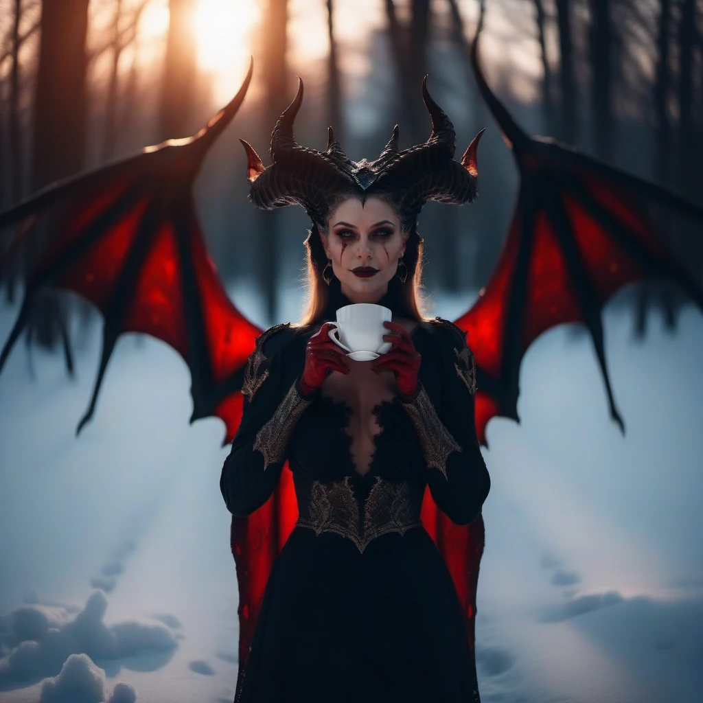 cinematic photo full body portrait of  an elegant 1girl, smile, breast, demon horns, demon wings, blood, turtleneck, having a coffe in a mug, snow forest, sunset <lora:Diablo4-1024:0.8> . 35mm photograph, film, bokeh, professional, 4k, highly detailed