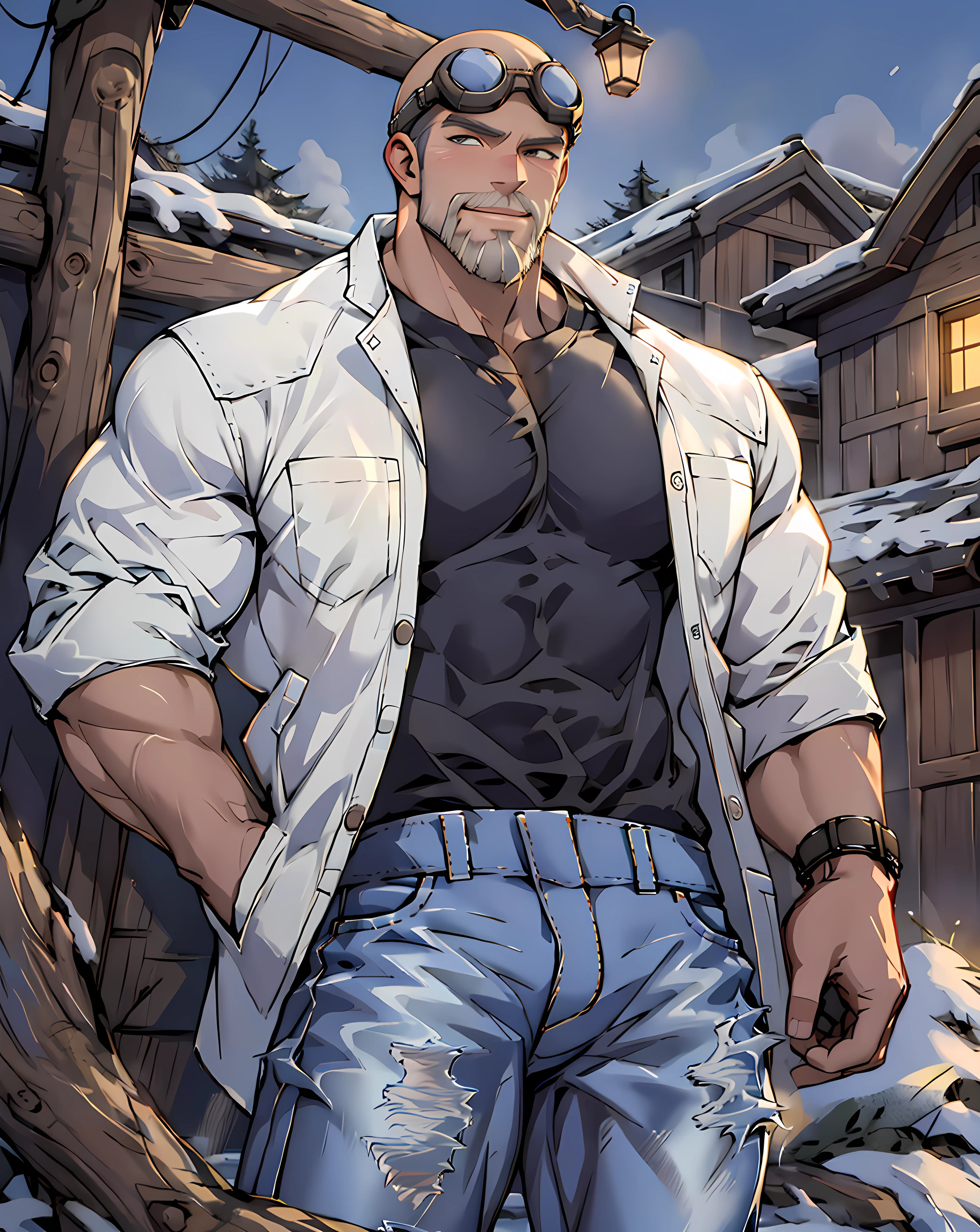 <lora:Old_Damon_Baird:0.75> old_damon_baird, hot spring, winter, night, light, jeans, long jeans, t-shirt, open jacket, bald, goggles, beard, looking at viewer, standing, blush, smirk, shorts