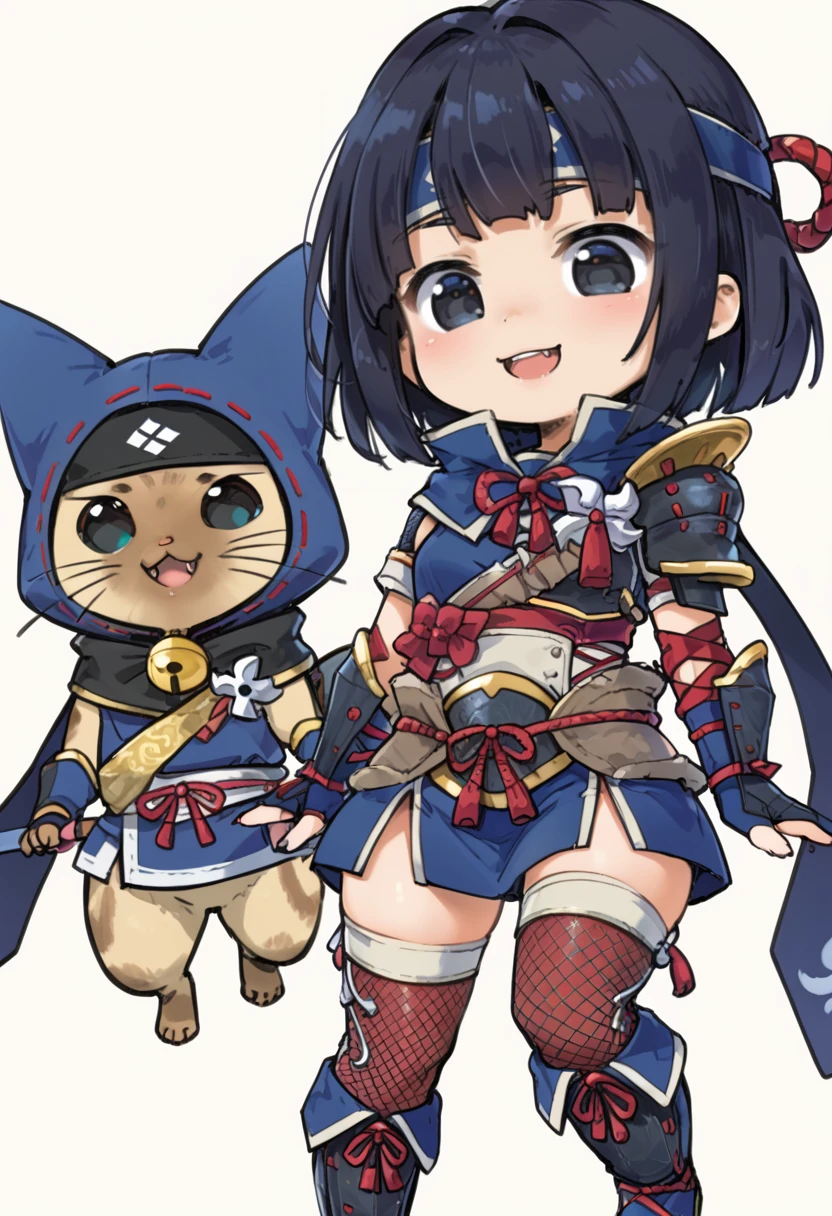 (score_9:0.9),score_8_up,score_7_up,rating_explicit,realsitic,(zPDXL),<lora:kamura armor ponyXL v1:0.85>,1girl,black hair,chibi,sword,smile,simple background,open mouth,short hair,blue headband,blue gauntlets,black eyes,standing,full body,blue knee boots,kamura armor,fishnet thighhighs,felyne,blue scarf,weapon on back,clothed animal,