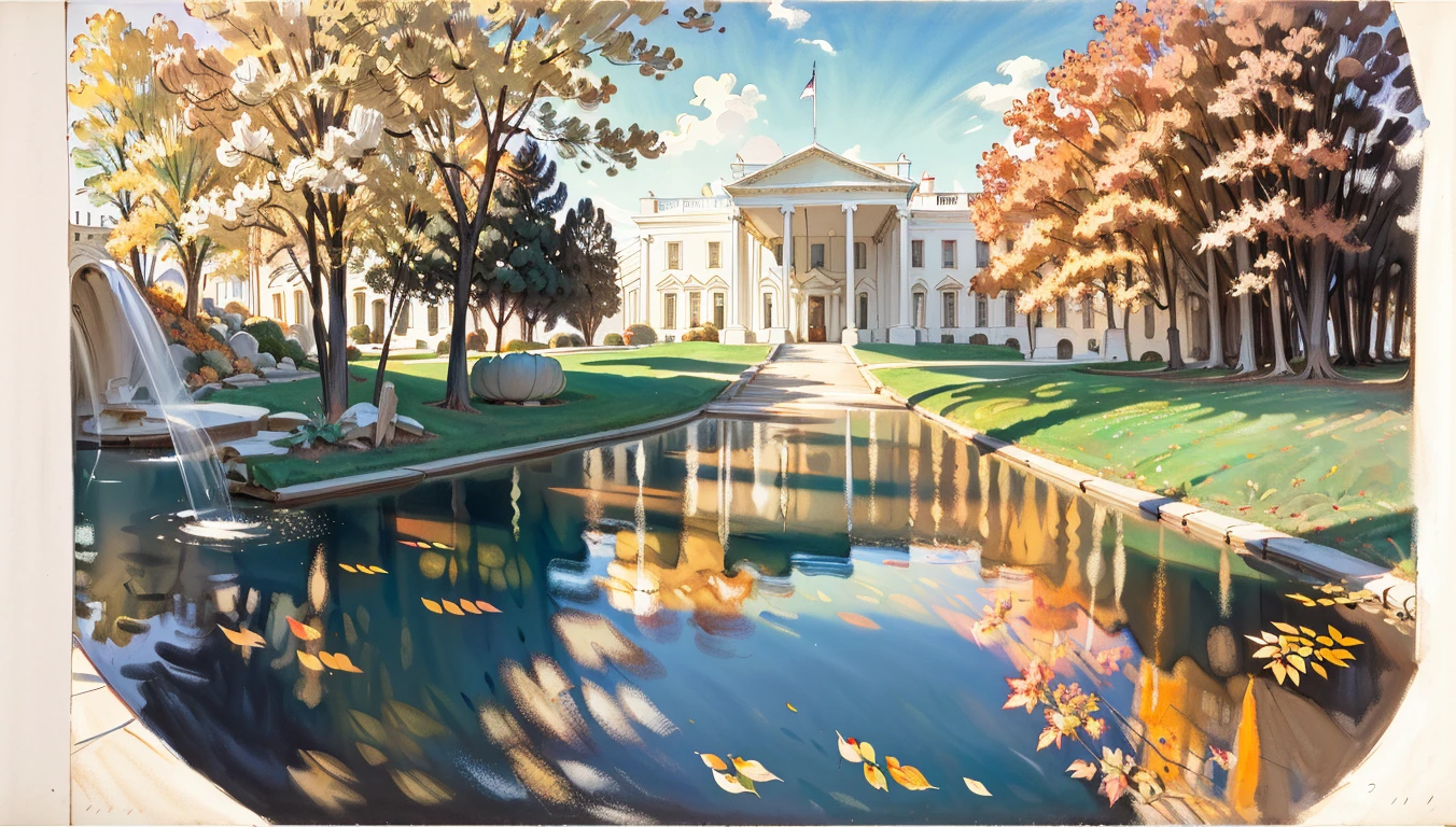 best quality,masterpiece,highly detailed,ultra-detailed, 
 <lora:neg9V2_last:0.7>      <lora:watercolor sketch:1> watercolor sketch by john-singer-sargent, 
The White House, Washington D.C., USA, Western culture, Autumn, The White House surrounded by fall foliage