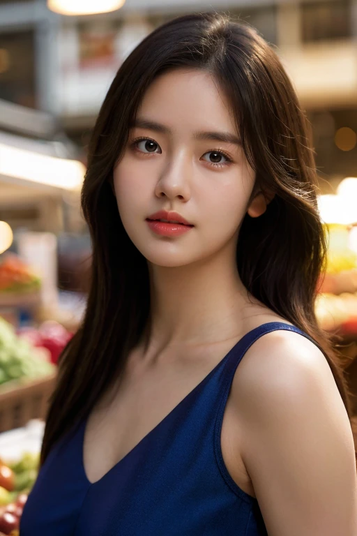 masterpiece, best quality, ultra-detailed, ultra high res, (photorealistic:1.4), raw photo, (realistic:0.2), 8k HDR, realistic cool temperature lighting, 1girl, solo, asymmetrical hair, outdoor, (traditional market:1.2), bokeh, (detailed lips), (detailed pores), (detailed skin textures), (detailed face:1.2), (upper body:1.2), a woman in a sundress, promotional image, a character portrait,