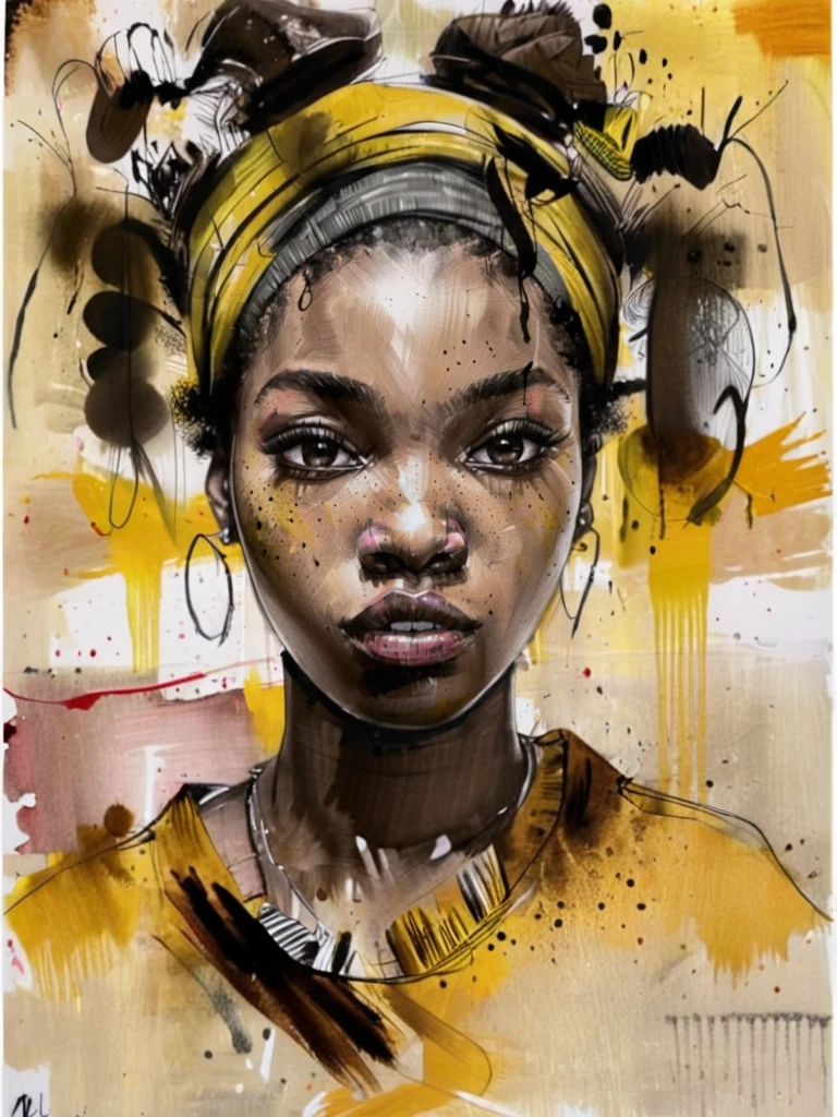 ink painting a portrait of a african girl wearing a yellow shirt  and headband alluring  style by RM <lora:russ-mills-style:1>