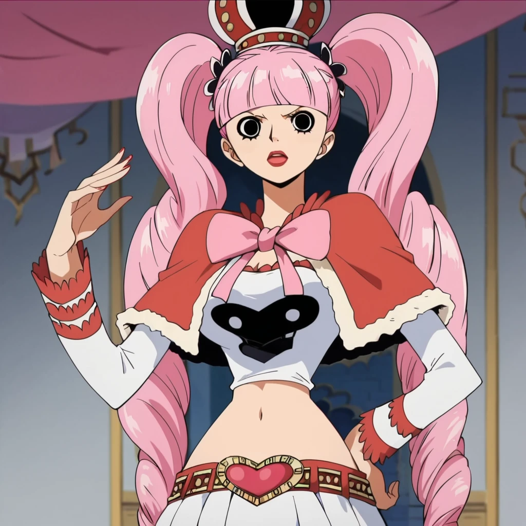 score_9, score_8_up, score_7_up, 1girl, pink hair, long hair, eyelashes, drill hair, twintails, blunt bangs, midriff, lipstick, crown, large breasts, narrow waist, wide hips, looking at viewer, highres, high quality, masterpiece, <lora:Perona_Final:1>