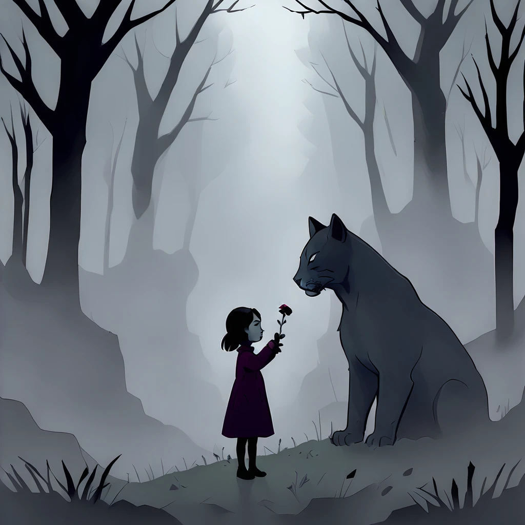 a child giving a flower to a big cat, foggy forest, bare trees, branches, 1girl, creepy, s_darkcore style