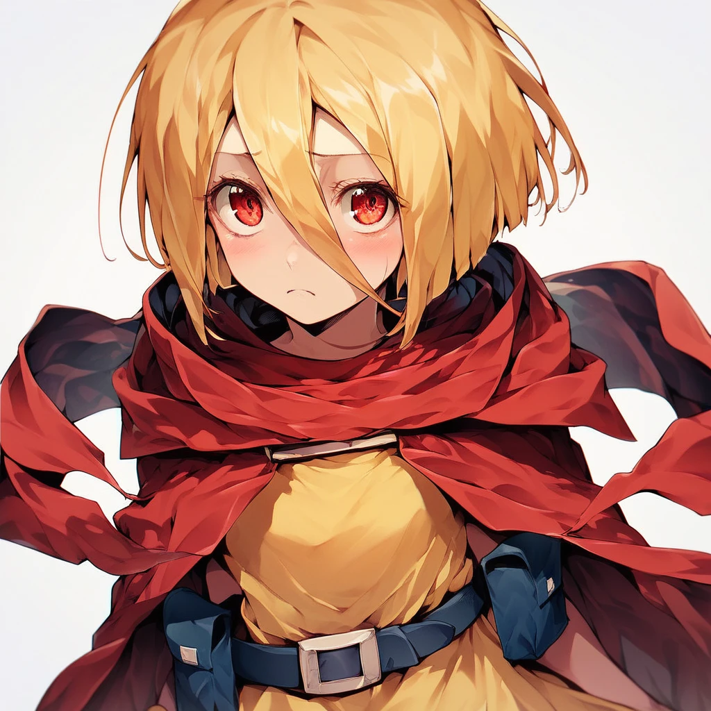 score_9, score_8_up, score_7_up, score_6_up,  Kenos-Fasris-Invern, Evileye, Overlord-LN, 1girl, solo, looking at viewer, blush, short hair, simple background, shirt, blonde hair, bob cut, red eyes, yellow dress, hair between eyes, closed mouth, belt, cape, cloak, pouch, red cape, belt pouch, sensitive