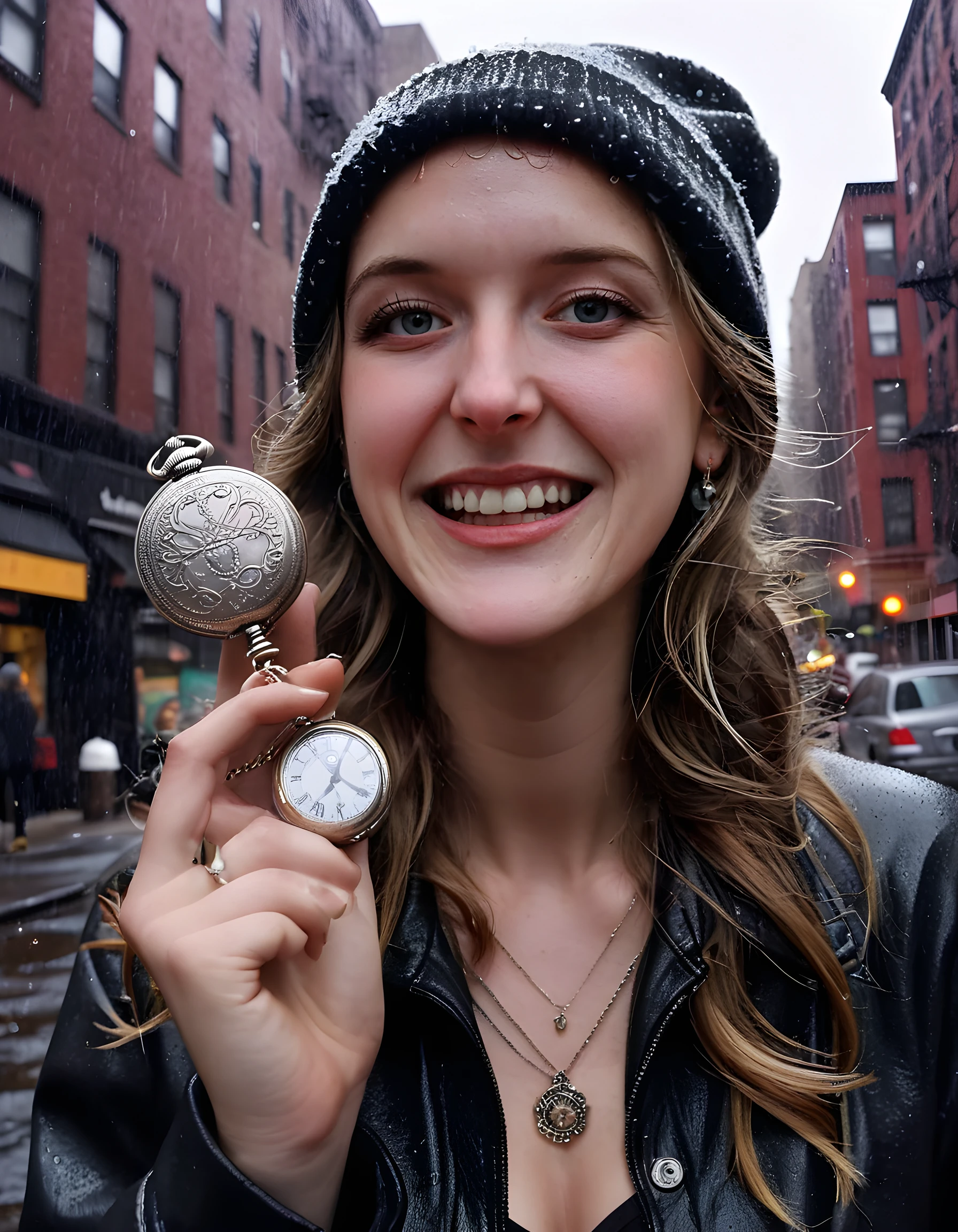 In a high-contrast, black and white photograph taken from a low angle, the woman with a striking I50B3LH phenotype stands out against the gritty urban backdrop of a rainy New York City alleyway. Her long, wavy chestnut hair cascades down her shoulders, framing a face adorned with intricate jewelry, including a large, ornate hat perched atop her head and a beanie tucked under it. A pair of silver teeth grins widely from her mouth, revealing her playful spirit. She holds up an antique pocket watch, staring intently into the camera lens, as if inviting the viewer to join her in a secret dance beneath the neon lights that flicker and dance in the rain-slicked pavement, creating a vibrant and energetic atmosphere.