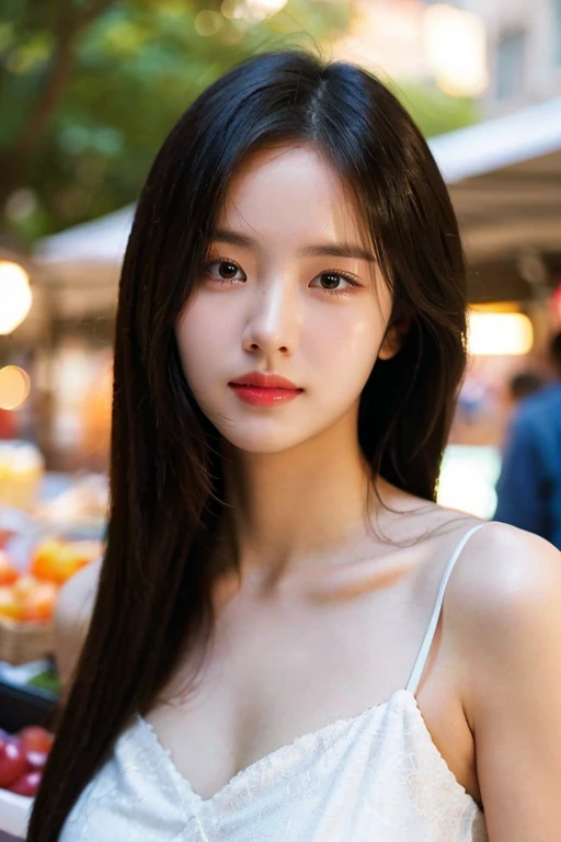 masterpiece, best quality, ultra-detailed, ultra high res, (photorealistic:1.4), raw photo, (realistic:0.2), 8k HDR, realistic cool temperature lighting, 1girl, solo, asymmetrical hair, outdoor, (traditional market:1.2), bokeh, (detailed lips), (detailed pores), (detailed skin textures), (detailed face:1.2), (upper body:1.2), a woman in a sundress, promotional image, a character portrait,