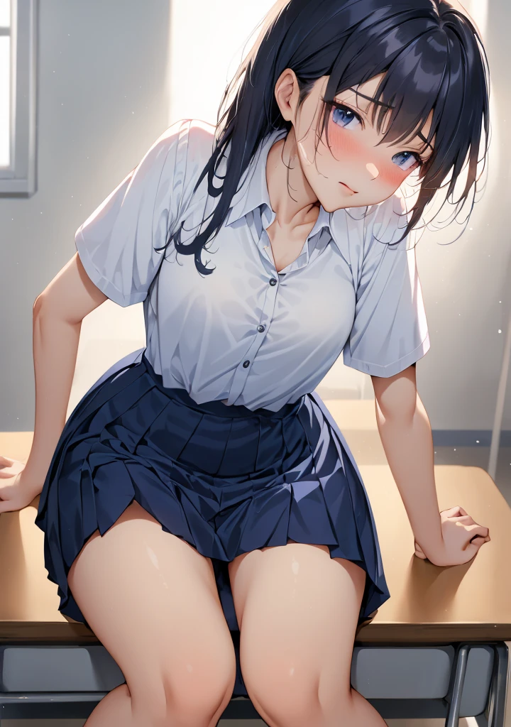 (NSFW)、(((Masterpiece、Detailed、Realistic texture、Tabletop)))、(((On a hot summer train)))、(((White short sleeve shirt)))、(((Blue tie、Navy Skirt、Navy blue socks、Brown Loafers)))、(((Spread your legs、Masturbation)))、(((Detailed膣、Overflowing love juice)))