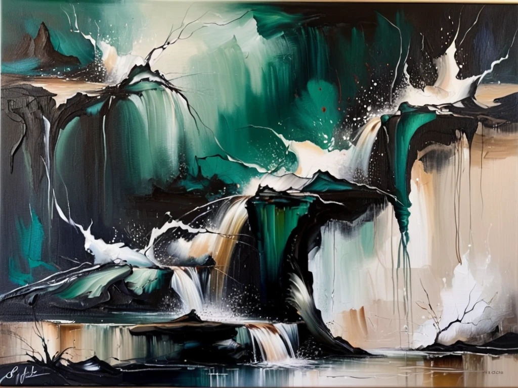 abstract oil painting  rocky waterfall dark green, white and tan style by RM <lora:russ-mills-style:1>