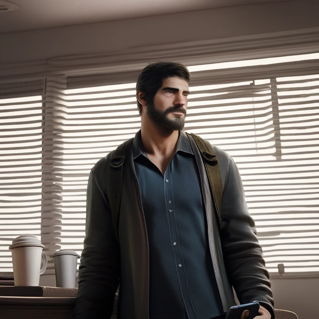 score_9, score_8_up, score_7_up, score_6_up,   Joel-Miller, TLOU, 1boy, solo, short hair, shirt, black hair, holding, jacket, male focus, open clothes, collared shirt, indoors, open jacket, black jacket, cup, black shirt, window, facial hair, phone, blue shirt, beard, desk, realistic, window blinds, office, general