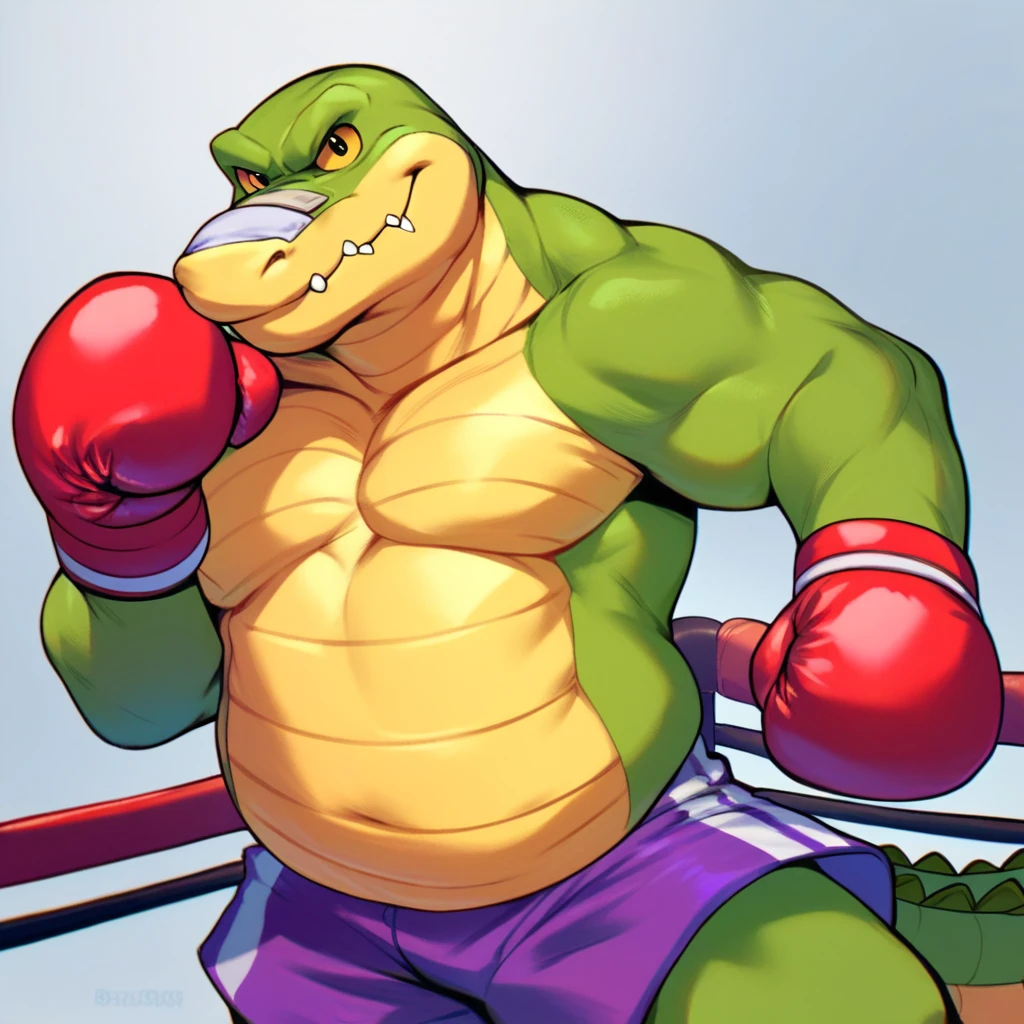 score_9, score_8_up, score_7_up, score_6_up, score_5_up, score_4_up, brok, alligator, green skin, yellow scaly belly, chubby, bandage, boxing gloves, shirtless, purple shorts, boxing ring, action pose, smiling, looking at viewer