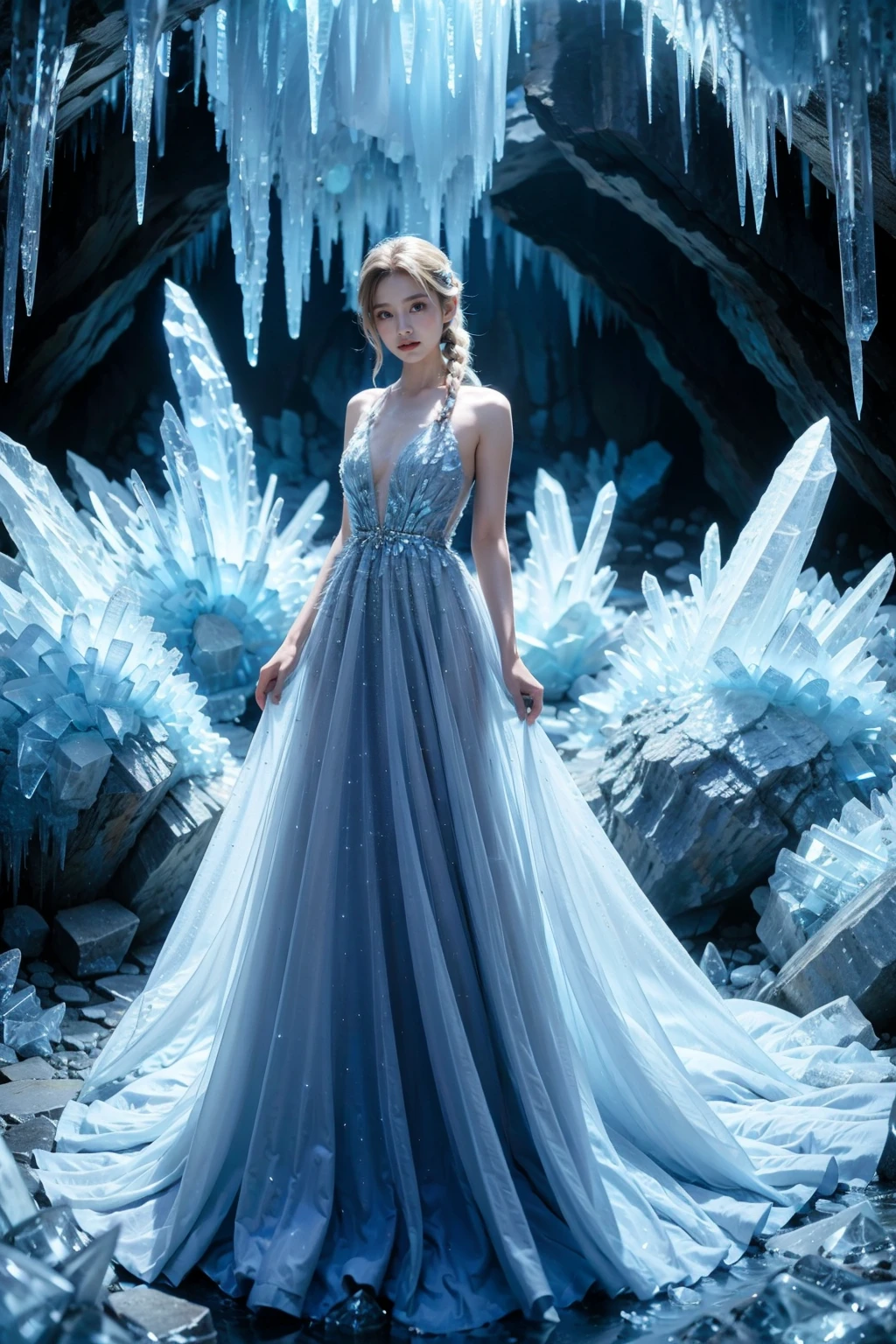 1girl,solo,breasts,braid,crystal,long dress,bare shoulders,jewelry,standing,full body,sunlight,elsa \(frozen\),large block of ice,ice queen, <lora:JAY - ICE QUEEN:0.8>