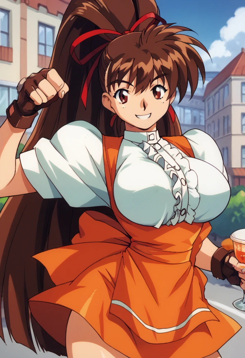 score_9, score_8_up, score_7_up, score_6_up, score_5_up, masterpiece, best quality, BREAK,
1girl, solo, indoor, cafe, <lora:Takeuchi_Yuka_Variable_Geo_Pony:1> t yuka, brown hair, long hair, high ponytail, big breasts, fingerless gloves, waitress, orange skirt, hair ribbon, dynamic pose, smile