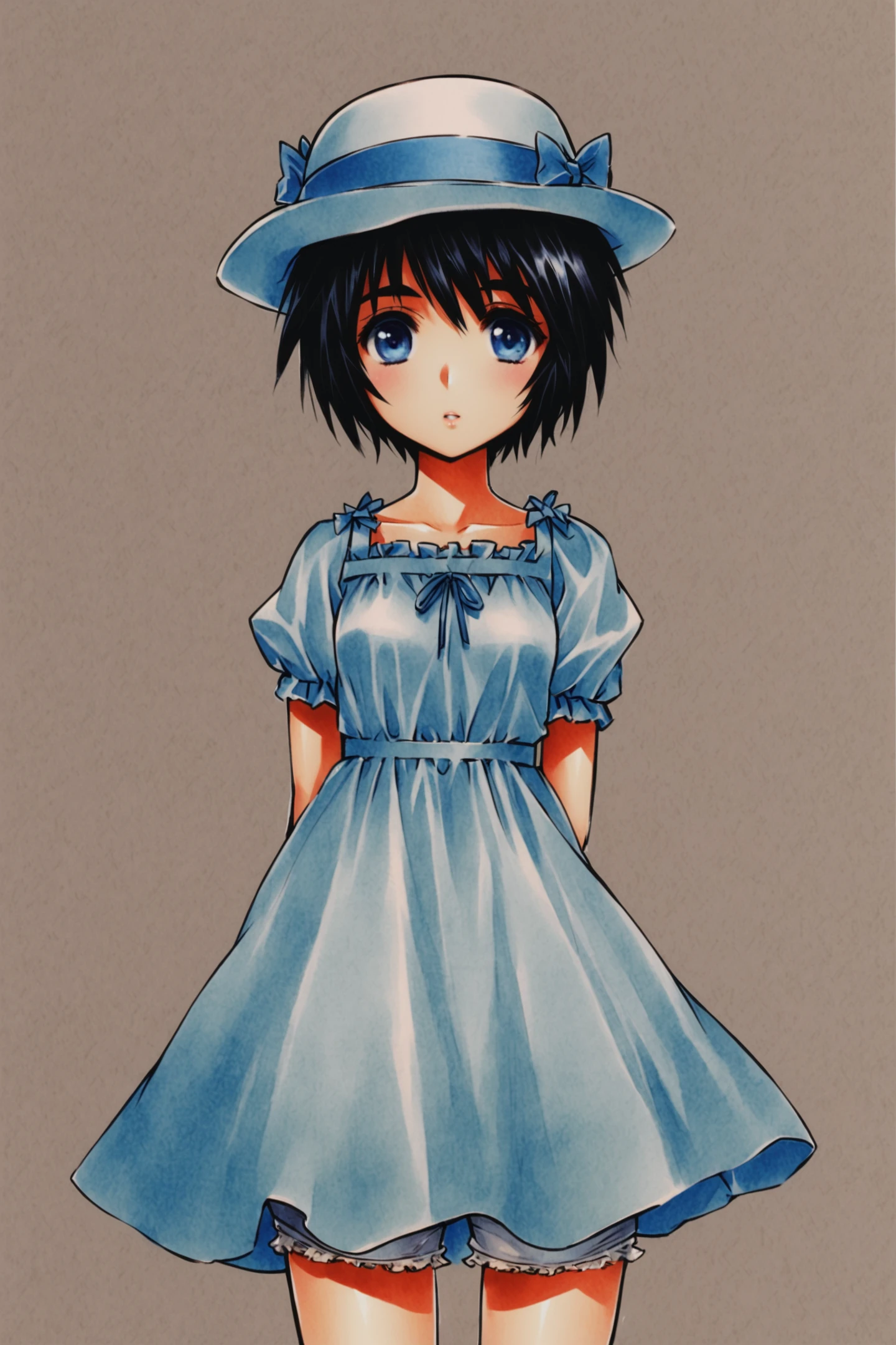 Shiina Mayuri,1girl,solo,hat,black hair,blue eyes,short hair,dress,arms behind back,shorts,traditional media,small breasts,
<lora:huke_XL:0.8>,