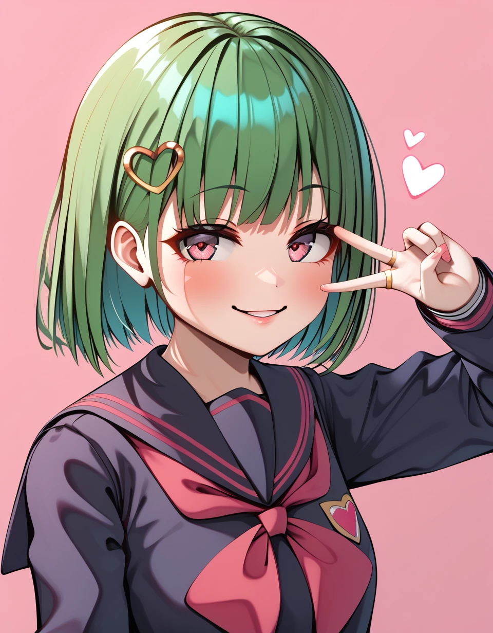 1 girl , solo , <lora:hadehearthairring_sdxl_0001:0.8> , hadehearthairring , heart on hair , manga illustration , v  , high quality , ultra-detailed , 4k, high resolution , deep red pink  background , short  green hair  , golden school uniform