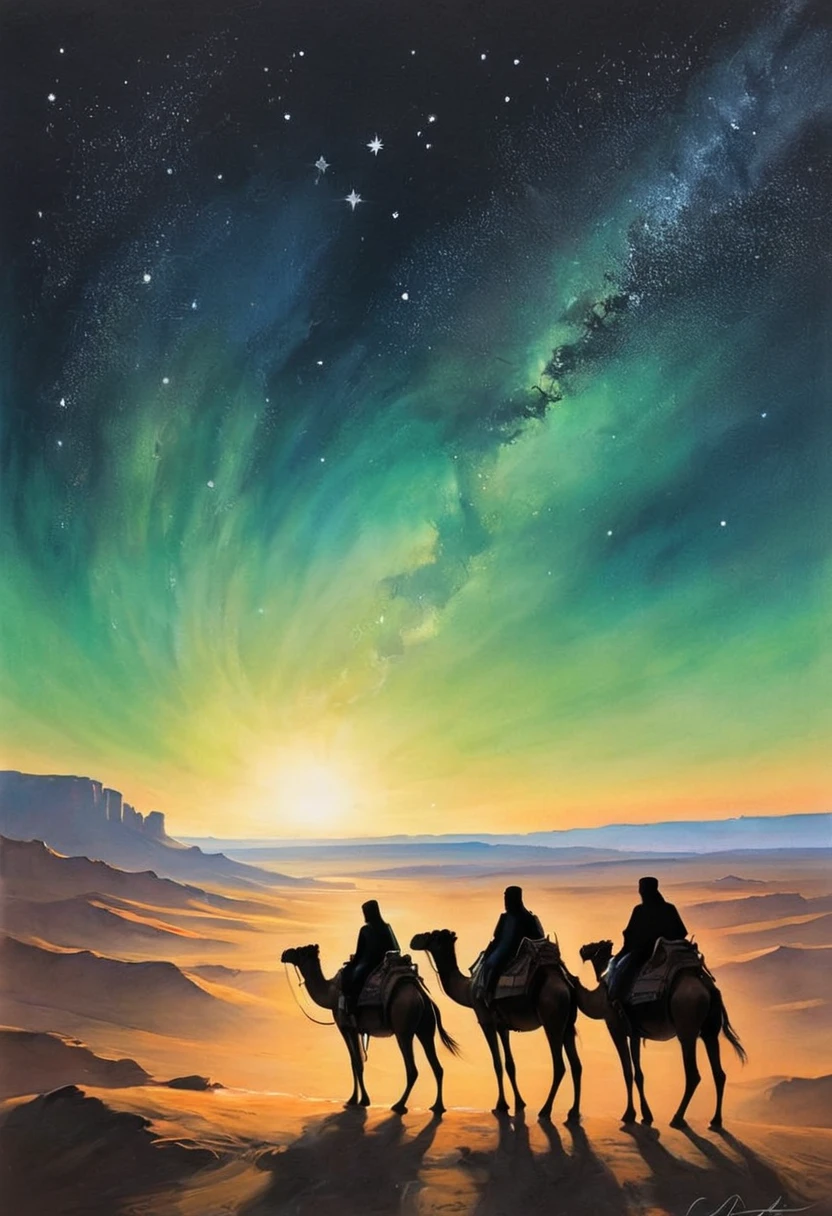 #pastel, #dry chalk drawing, #chalk on paper, #chalk shading, #chalk drawing, #tinted paper, #colored chalk drawing, #chalk shading, Poster, sketch, close-up, draft, fine lines and shading, a group of camel riding travelers in traditional Arabian garb survey a vast desert at night while an eerie angelic green light pulses in the sky, disembodied, spectral, magnificent yet terrifying, the scene is captured in dimly lit dark fantasy but vibrant colors, with bold ink lines defining form against the watercolor wash of the aged paper, Art by Giovanni Boldini, Andrey Atroshenko, Tanya Shatsevoy, Ross Tran, Anna Razumovskaya