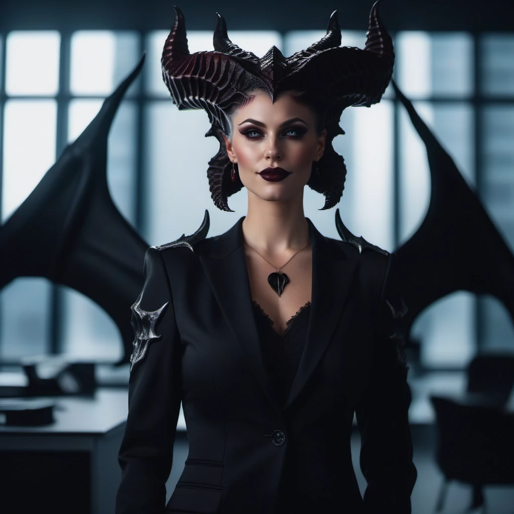 cinematic photo full body portrait of  a 1girl, smile, lipstick, makeup, demon horns, demon wings, suit, office <lora:Diablo4-1024:0.7> . 35mm photograph, film, bokeh, professional, 4k, highly detailed