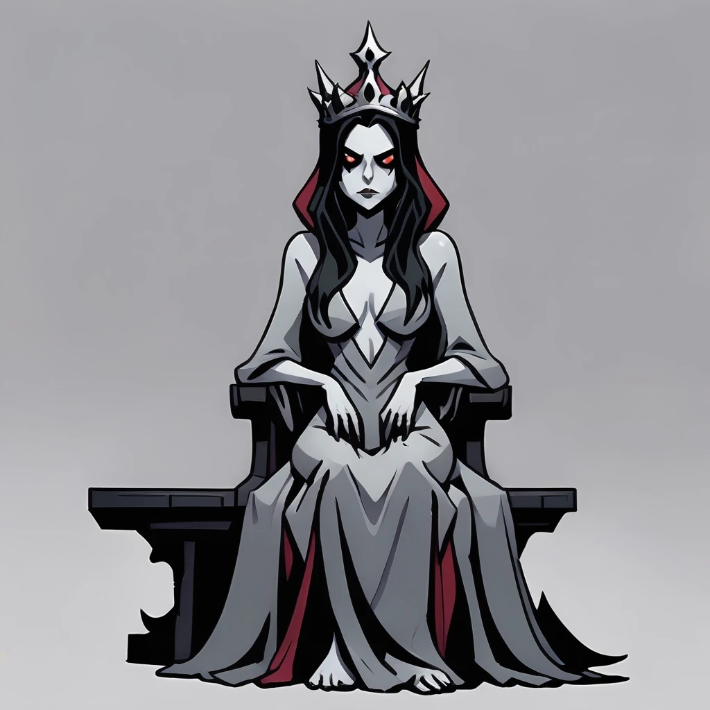 s_darkcore style, grim queen, lazy sitting, long hair, long robe, legs apart, bored, red crown, evil beauty, side view