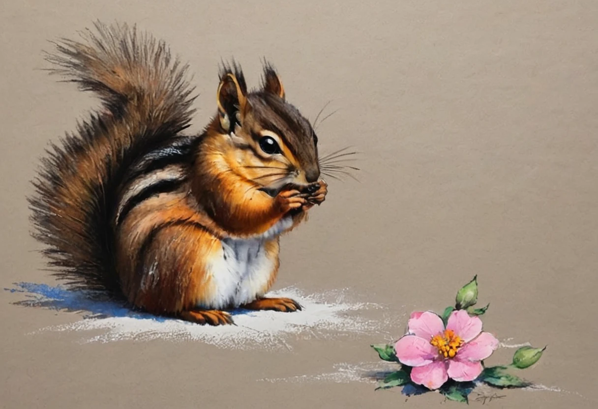 #pastel, #dry chalk drawing, #chalk on paper, #chalk shading, #chalk drawing, #tinted paper, #colored chalk drawing, #chalk shading, Poster, close up, full length, shadow art. masterpiece, high quality, abstract, fantasy, chipmunk. Chipmunk eating a flower. butterfly, art by Mora, Andre Kohn, Arthur Bordalo, Bob Ringwood, Benedict Bana