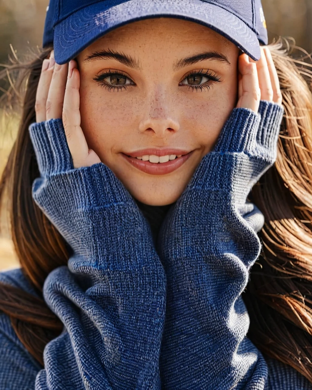 meika_woollard,woman, long hair, looking at viewer, smile, brown hair, long sleeves, hat, jewelry, closed mouth, upper body, parted lips, sweater, sleeves past wrists, blurry background, ring, portrait, baseball cap, blue headwear, realistic, hands on own face, hands on own cheeks, <lora:MWoollardXL:1>