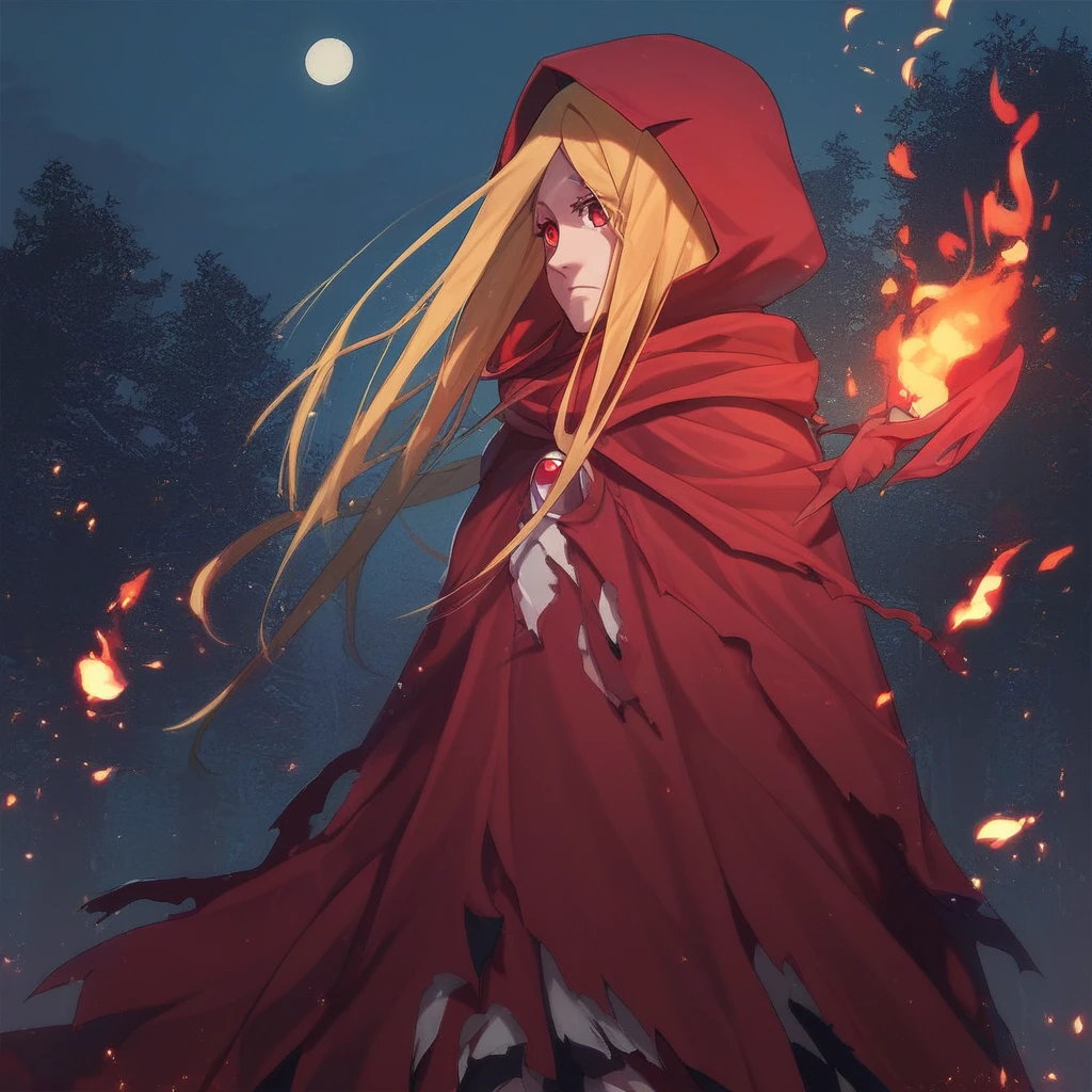 score_9, score_8_up, score_7_up, score_6_up,  Kenos-Fasris-Invern, Evileye, Overlord-LN, 1girl, solo, long hair, blonde hair, dress, outdoors, sky, hood, cape, tree, torn clothes, night, fire, cloak, hooded cloak, red cloak, sensitive