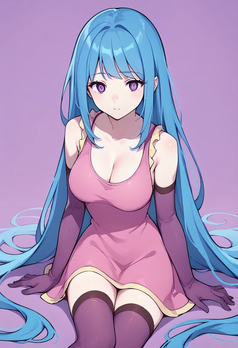 score_9, score_8_up, score_7_up, source_anime,     <lora:MEMEMEpony:1>, MEMEME, long hair, dress, breasts, pink dress, purple eyes, very long hair, blue hair,  medium breasts, collarbone, detached sleeves, cleavage, sleeveless, elbow gloves, sleeveless dress, gloves, purple thighhighs,