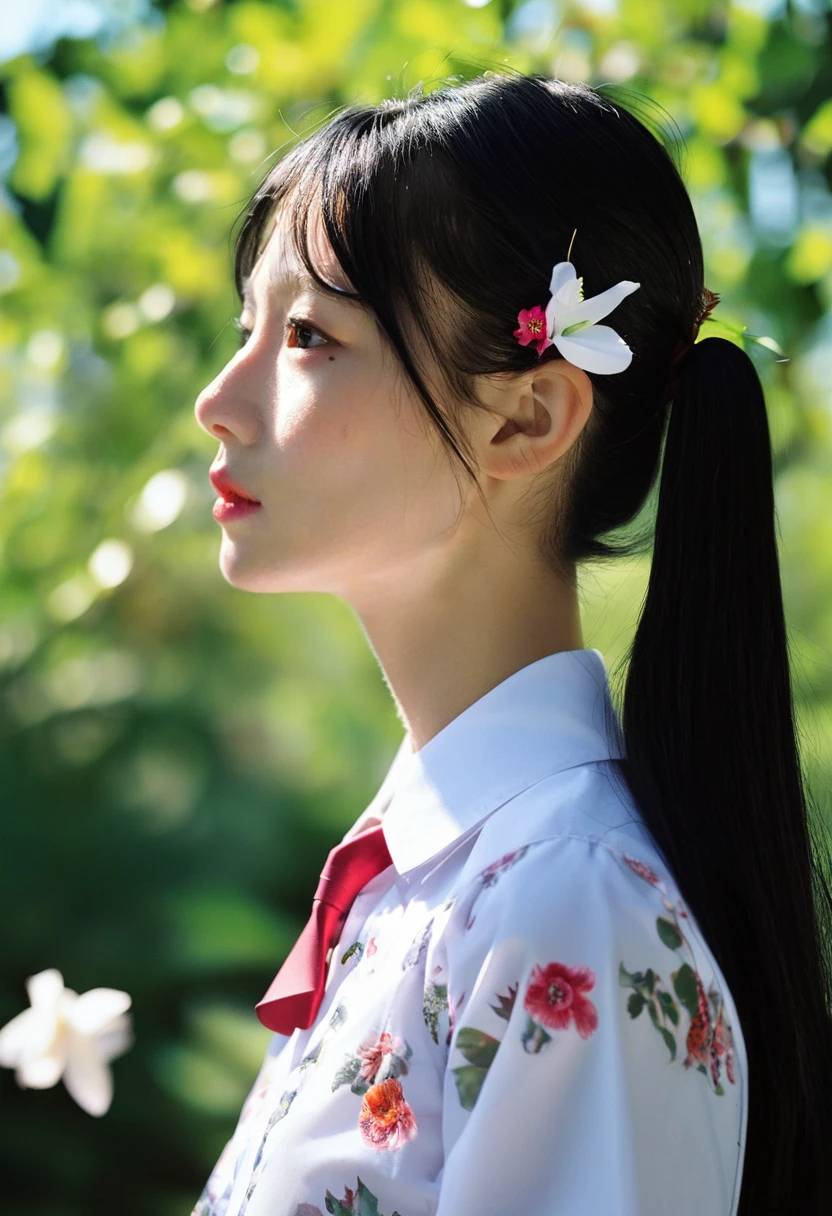 photorealistic, 1girl, solo, long hair, shirt, black hair, hair ornament, twintails, school uniform, white shirt, upper body, flower, outdoors, day, hairclip, collared shirt, mole, black eyes, from side, tree, lips, mole under eye, profile, bird, traditional media, floral print, sunlight, nature, realistic, nose, dappled sunlight, film photography aesthetic, film grain, analog photography, 