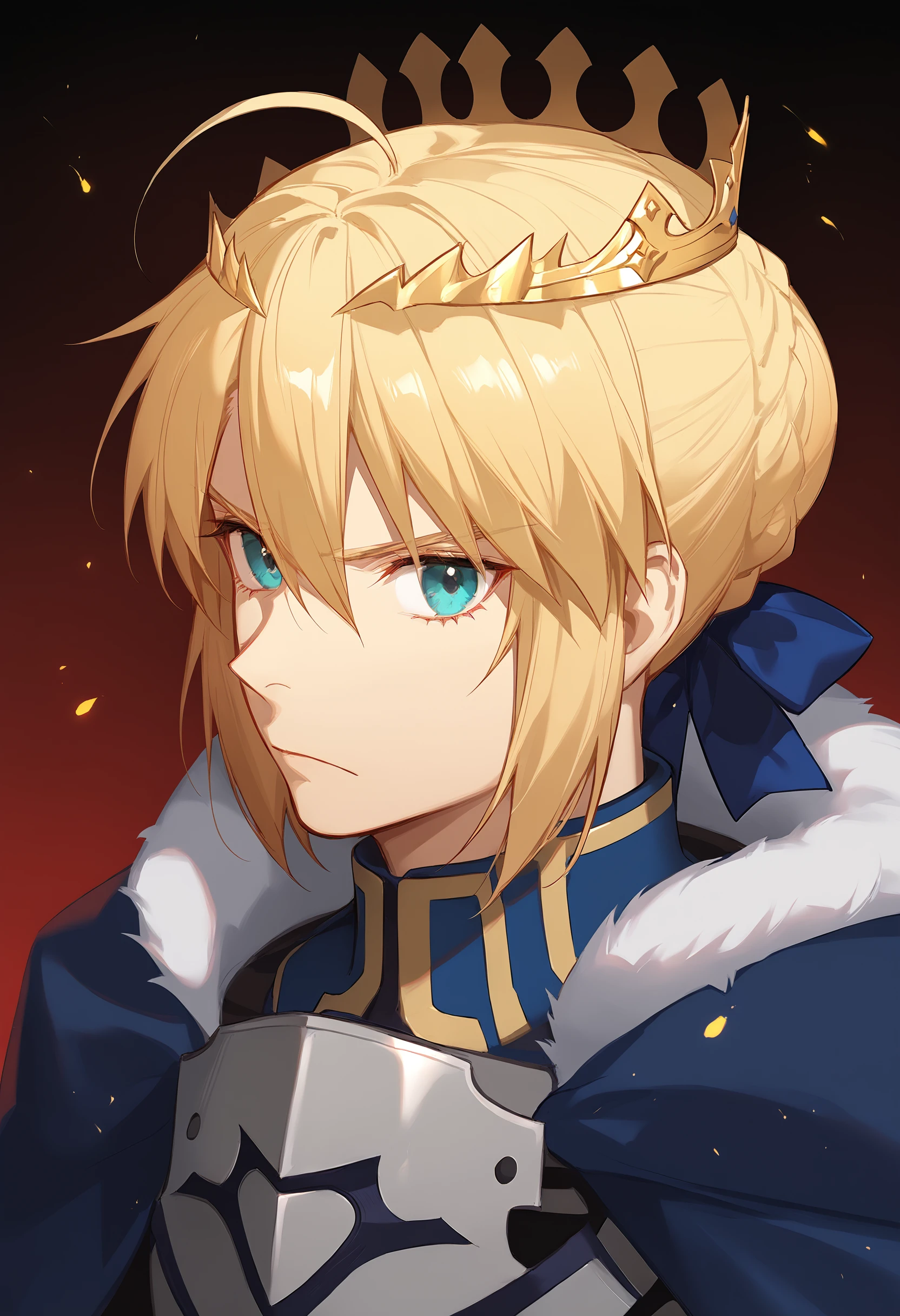 <lora:ask_(askzy):1>solo, artoria pendragon (fate), 1girl, armor, blonde hair, saber, looking at viewer, crown, green eyes, ahoge, upper body, fur trim, breastplate, hair between eyes, closed mouth, bangs, cape, short hair, braid, ribbon, hair ribbon, red background, blue ribbon, fur-trimmed cape, cloak, sidelocks, blue cape, french braid, expressionless, simple background, armored dress, gradient, gradient background, fur-trimmed cloak, hair bun, muscular, blue cloak, black background, lips, serious, male focus, shiny, 1boy, portrait, embers, muscular male, shiny hair, bara, white background, aqua eyes, single hair bun, light particles, bow, dress, gauntlets, hair bow, braided bun, large pectorals, eyelashes, blue dress, frown