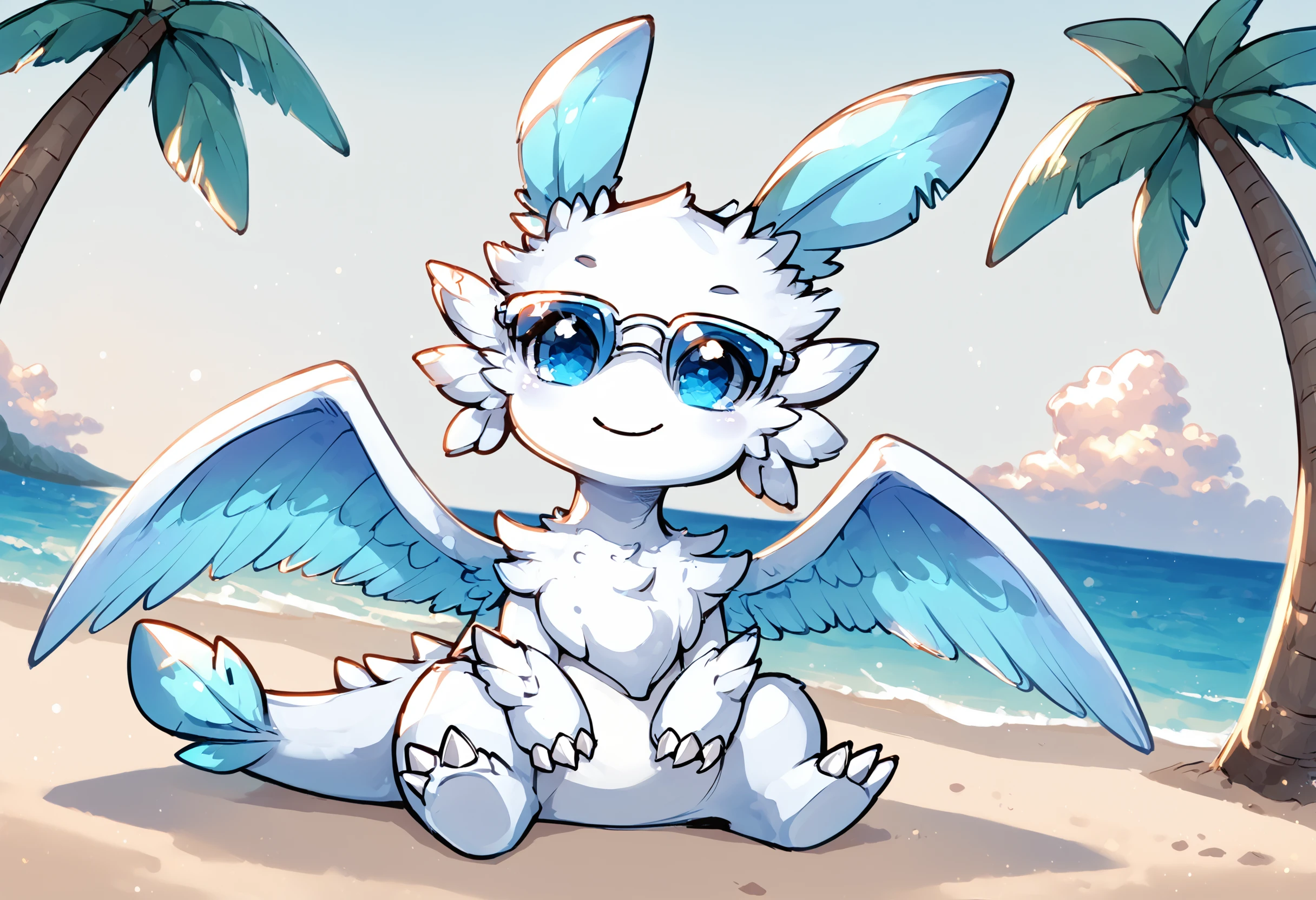 score_9, score_8_up, score_7_up, source_anime  BREAK
beach, palm trees, ocean, sunset, seashells
Quivern_Palworld, white fur, white wings, light blue inner wings, white claws, white belly, blue eyes, light blue headfeathers, light blue tailfeather, white tail, (long tail:1.3), feral, solo, wings
sitting, looking at viewer, smile, head tilt, wearing sunglasses
dutch angle, sideview, from side
<lora:Quivern_Palworld:1>
<lora:Chibi_Dragon:1> cheeb_drg, chibi