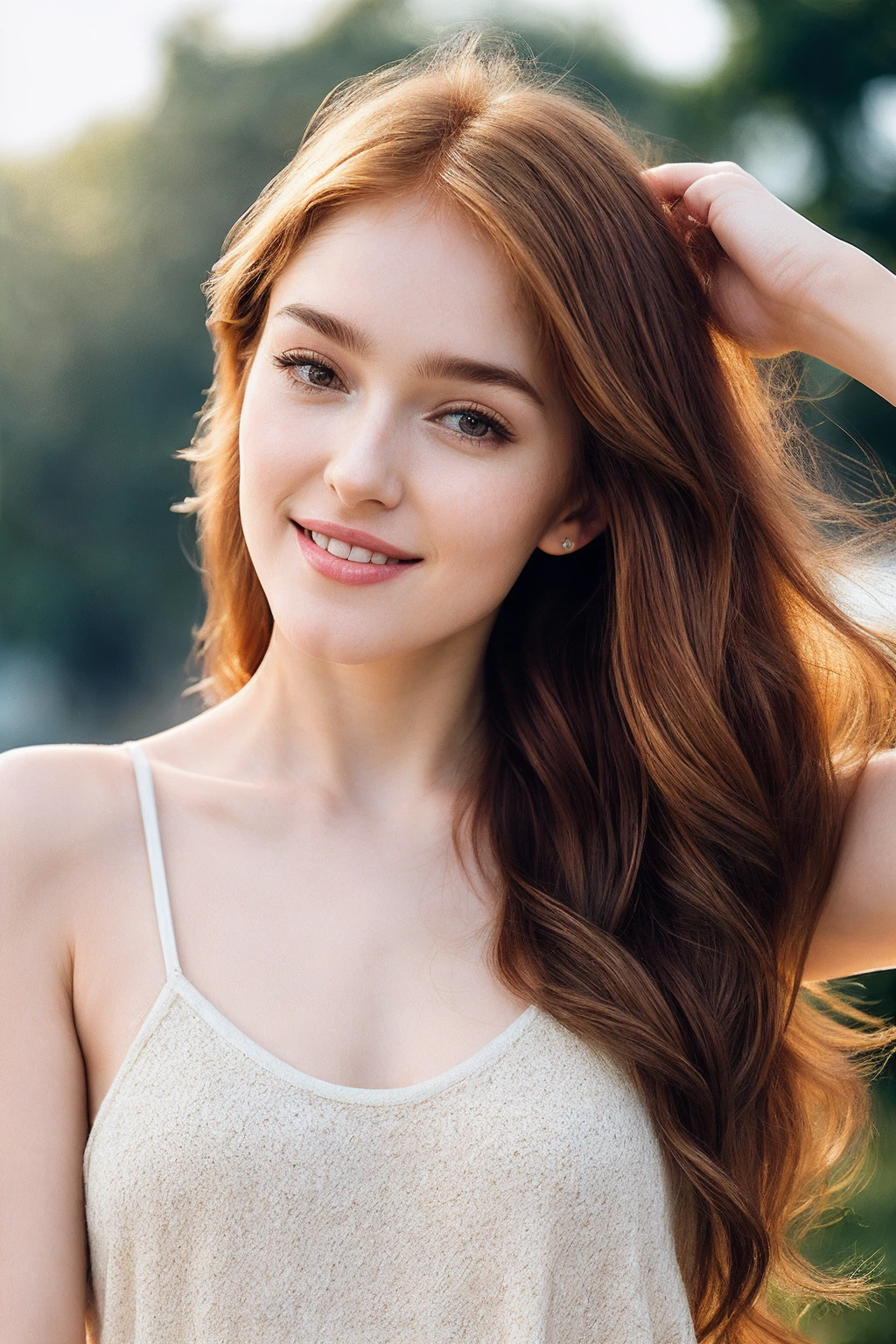((Best Quality, 8K, Masterpiece: 1.3)), 1 Girl irish ginger hair, (full body), Slim Abs Beauty: 1.3, (Casual Long Hairstyle, Medium Breasts), (slim body), Cream Blue Summer Dress, Smile , detailed realistic skin, perfect body, ((half body view)), sharp focus