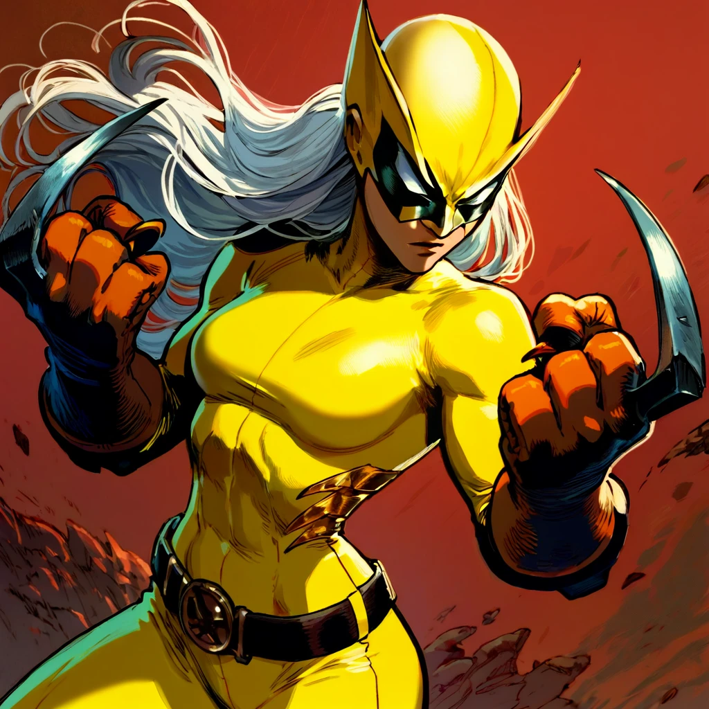 score_9, score_8_up,  <lora:yusukemuratastyle:1>,    portrait,    <lora:Laura Kinney X-23PonyLoRA:0.5> ,LraKinyX, long hair, mask, yellow bodysuit, gloves, belt, boots, weapon, claws, claw (weapon)