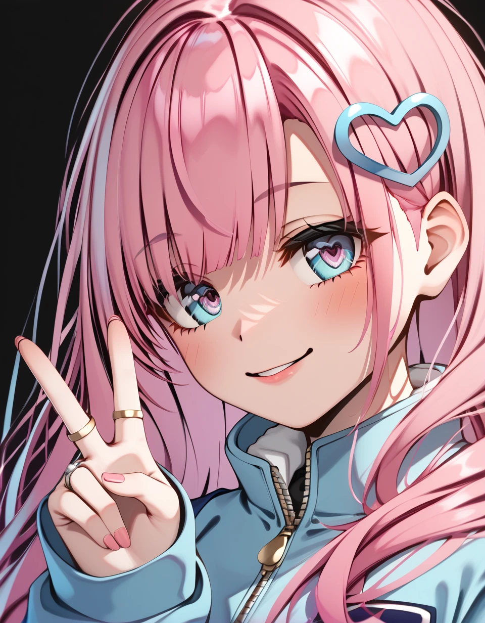 1 girl , solo , <lora:hadehearthairring_sdxl_0001:0.8> , hadehearthairring , heart on hair , anime , v  , high quality , ultra-detailed , 4k, high resolution , black  background , long  pink hair  , blue  jacket