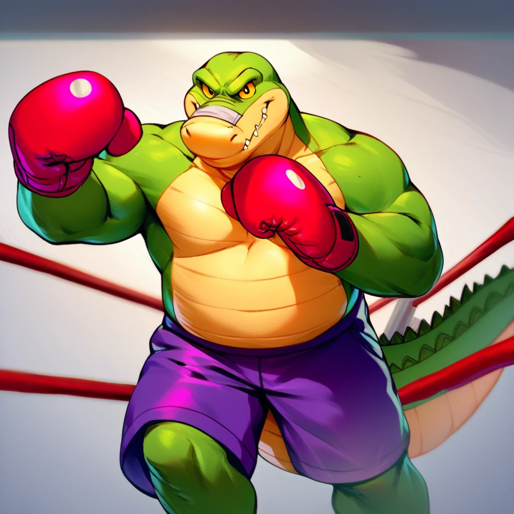 score_9, score_8_up, score_7_up, score_6_up, score_5_up, score_4_up, brok, alligator, green skin, yellow scaly belly, chubby, bandage, boxing gloves, shirtless, purple shorts, boxing ring, action pose, smiling, looking at viewer