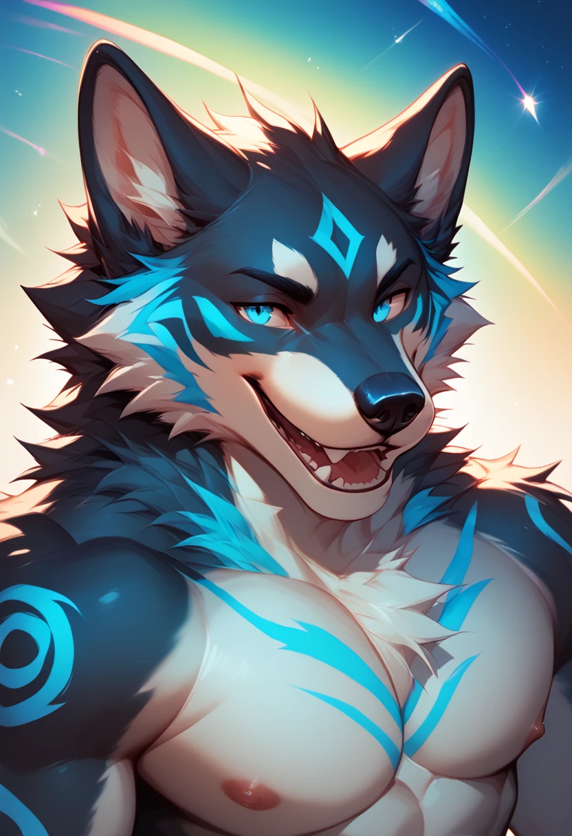 <lora:Azul:1>, azul,furry, mature, male,  portrait, shooting star, cheerful, positive energy, vibrant background, shirtless, close up shot , open mouth, teeth,, score_9, score_8_up, score_7_up, score_6_up,