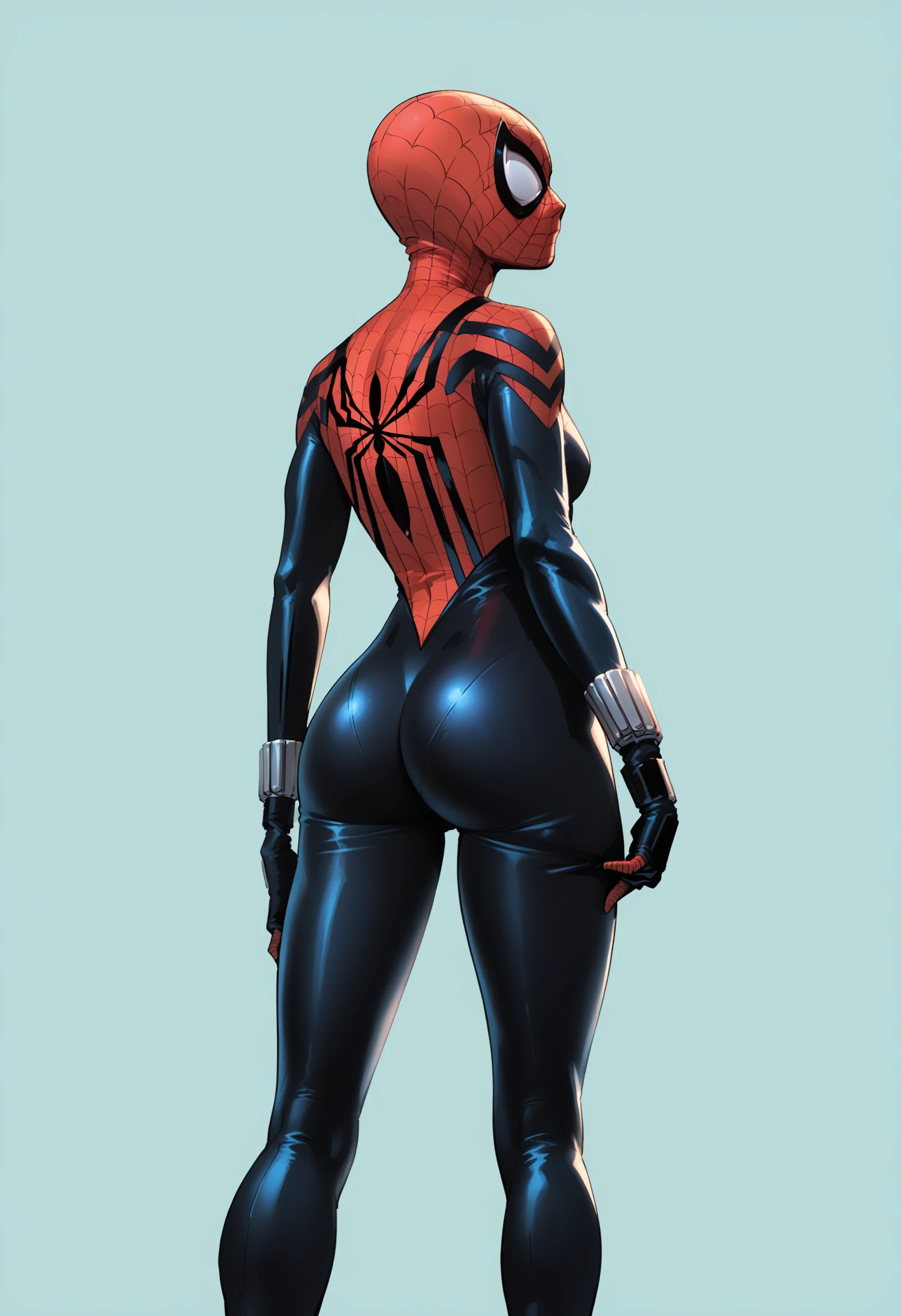 score_9, score_8_up, score_7_up, score_6_up, score_5_up, score_4_up, 1girl, <lora:SpiderGirl:0.85> superhero, bodysuit, spider web print, mask, standing, from behind, large ass, bubble butt, ass focus, looking back, 
(light blue background), simple background,