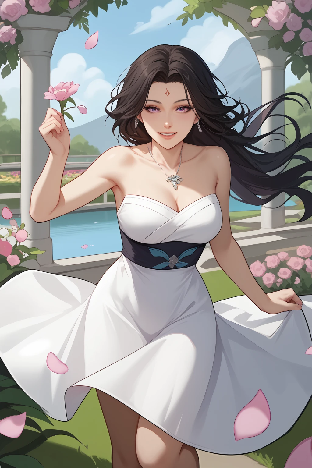 heng shu ying, black hair, long hair, hair ornament, purple eyes, forehead mark, necklace, black low-cut dress, (nsfw), (uncensored), (score_9), score_8_up, score_7_up, source_anime, cowboy shot, dynamic pose, 1 Female, solo, Happy, Smile, Parted Lips, blush, ashamed, shy, sexy, charming, alluring, seductive, enchanting, erotic,
((outdoors)), ((flower garden)), ((flowers)), ((many flowers)), spring petals, petals of flowers, spring, falling petals, flying butterflies<lora:EMS-437185-EMS:0.800000>