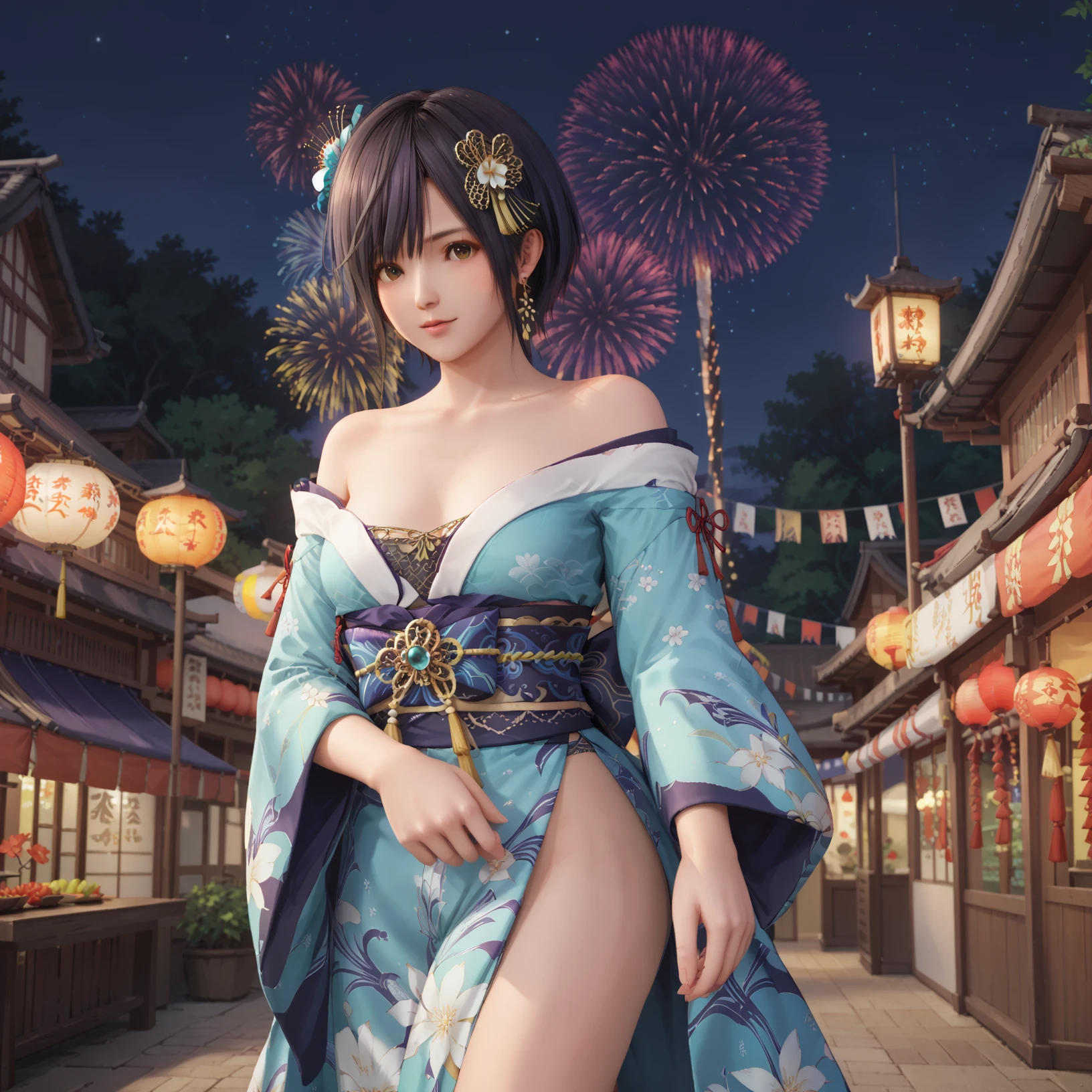 1girl, nagisa (doa), looking_at_viewer, cowboy_shot, slender, japanese_clothes, 
outdoors, night, summer_festival, fireworks, 
score_9, score_8_up, score_7_up, 8k, masterpiece, best quality, perfect anatomy, very aesthetic, absurdres, intricate detailed, 