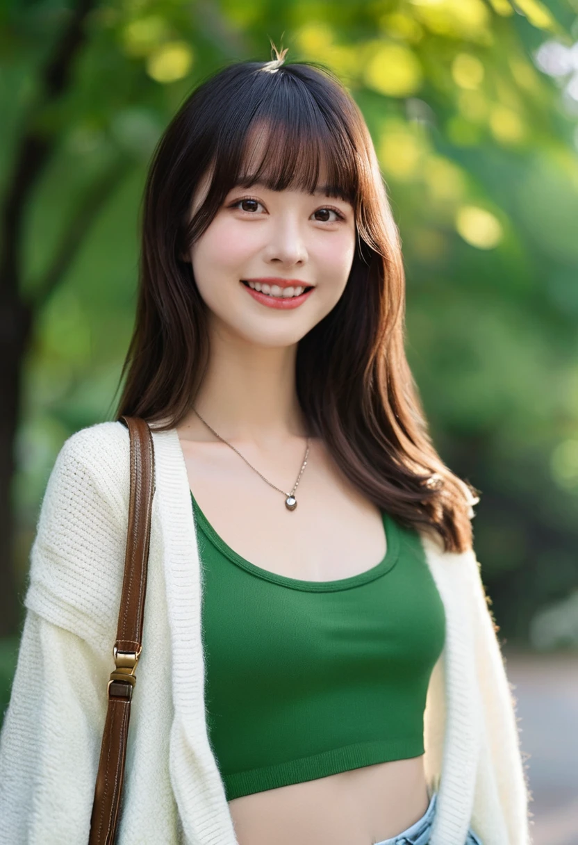 photorealistic, 1girl, solo, long hair, breasts, looking at viewer, smile, bangs, brown hair, shirt, black hair, navel, brown eyes, jewelry, medium breasts, outdoors, parted lips, teeth, day, midriff, pants, necklace, bag, black eyes, lips, leaf, handbag, realistic, green shirt, white cardigan, film photography aesthetic, film grain, analog photography, 