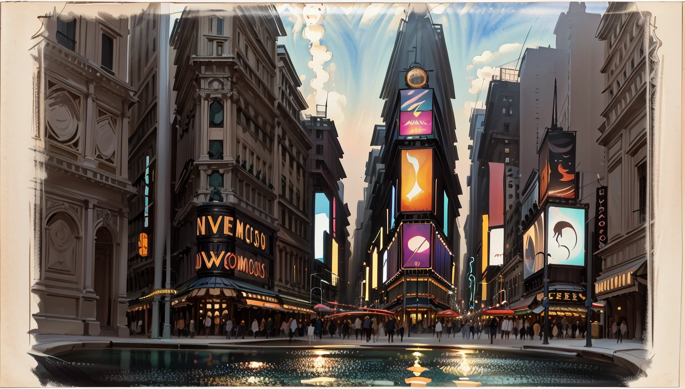 best quality,masterpiece,highly detailed,ultra-detailed, 
 <lora:neg9V2_last:0.7>      <lora:watercolor sketch:1> watercolor sketch by john-singer-sargent, 
Times Square, New York, USA, Western culture, Summer, Neon-lit Times Square bustling with activity at night