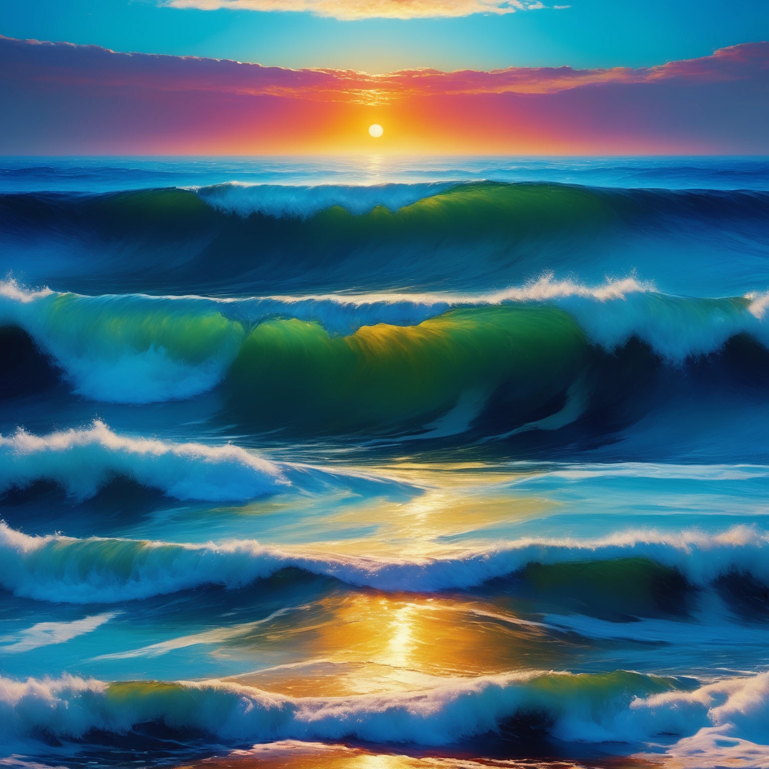 Jed-FanSea, <lora:FantasySeascapes:1>, designed by Claude Monet, painting, seascape, ethereal, Impressionism, capturing light, en plein air, extremely rich detail, dynamic, elaborate, illustrious, dynamic background, very inspirational, cool colors, extremely stylish, cinematic atmosphere, badge