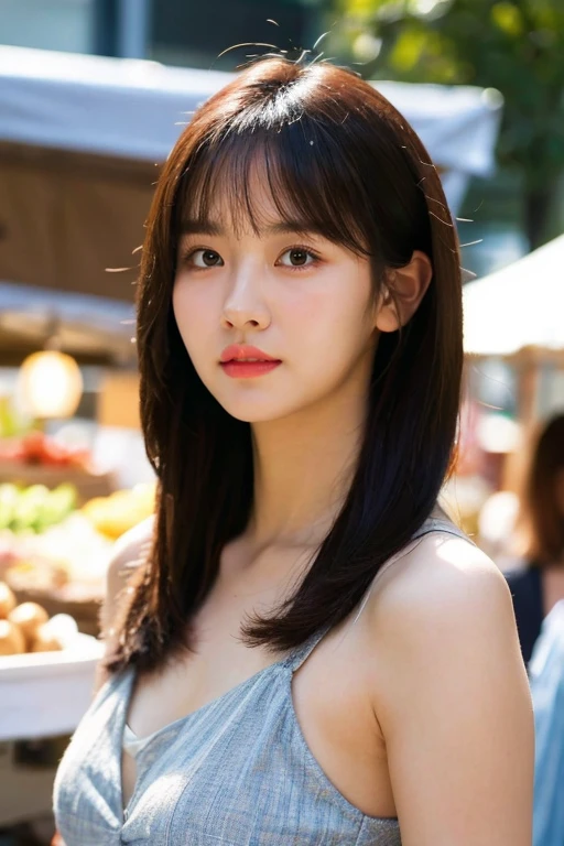 masterpiece, best quality, ultra-detailed, ultra high res, (photorealistic:1.4), raw photo, (realistic:0.2), 8k HDR, realistic cool temperature lighting, 1girl, solo, asymmetrical hair, outdoor, (traditional market:1.2), bokeh, (detailed lips), (detailed pores), (detailed skin textures), (detailed face:1.2), (upper body:1.2), a woman in a sundress, promotional image, a character portrait,