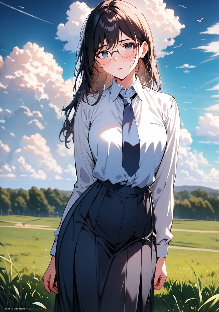 uniform,necktie,glasses,1girl,lowangle,sky,cloud,grass,blurry foreground,photorealistic, detailed face, detailed eyes, detailed lips, beautiful woman, hourglass figure, natural lighting, high quality, hyperrealistic, 8k, cinematic, dramatic lighting, chiaroscuro, neoclassical, oil painting, <lora:Thai_school_uniform_1.3:0.8>