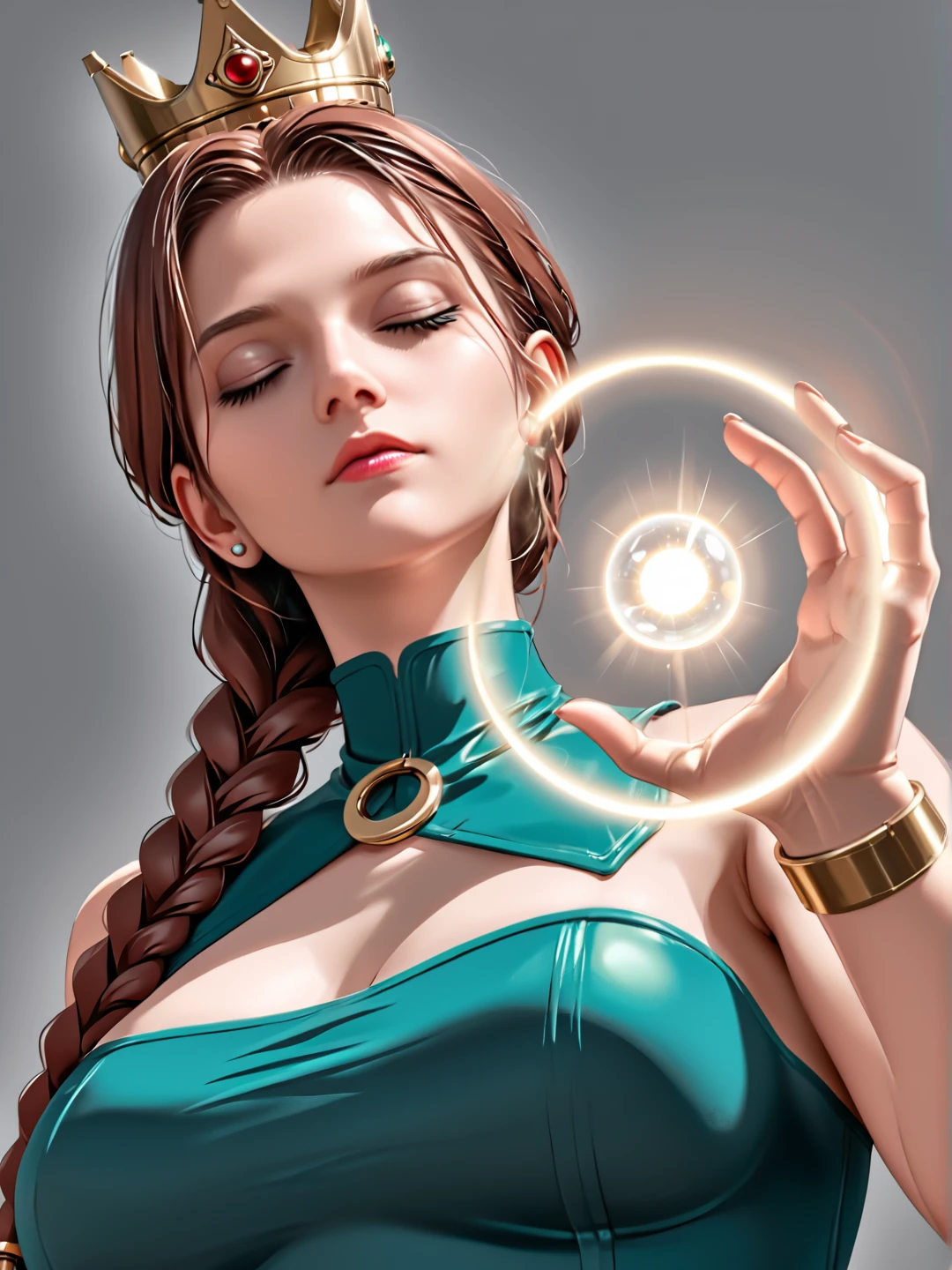 4n1v3rs3, a woman with crown braided hair sits in front of a glowing orb, her eyes closed as she gazes out at the world below. Her body is covered in shades of green and brown, very coherent, deep rich colors, located artistic, luxury, glowing, pure, highly enhanced