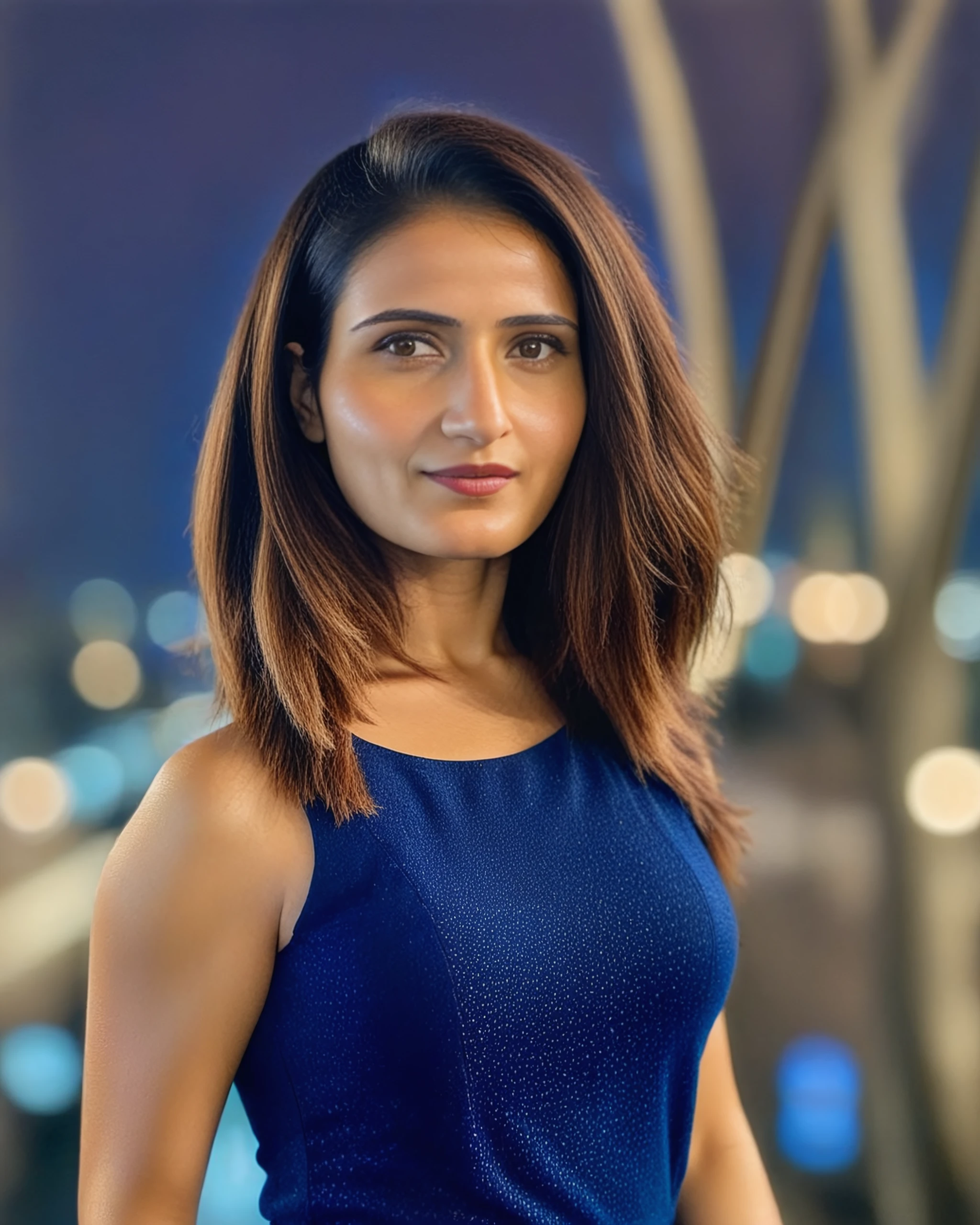 full body photo of Fatima woman, solo,  hair cut, , looking at the camera,  Indigo , night time, contrasting background bokeh,  skindentation,  <lora:Fatima_SDXL_LoRA_prodigy_local_xformers_HNE:1>