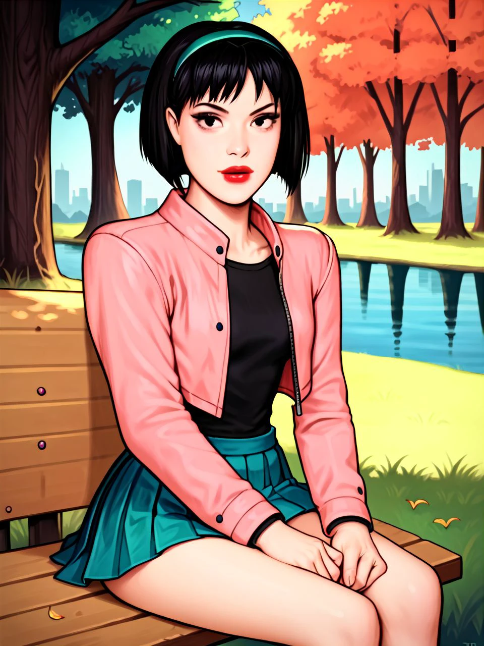 PonyXLV6_Scores, realistic, <lora:shinkiro-10:0.8> shinkiro, <lora:thriftBTAS_PDXL:0.7> thriftBTAS, black hair, short hair bob, black eyes, red lips, teal hairband, cropped jacket, pink jacket, black shirt, pleated skirt, looking at viewer, sitting, park bench, lake, grass, trees, city,