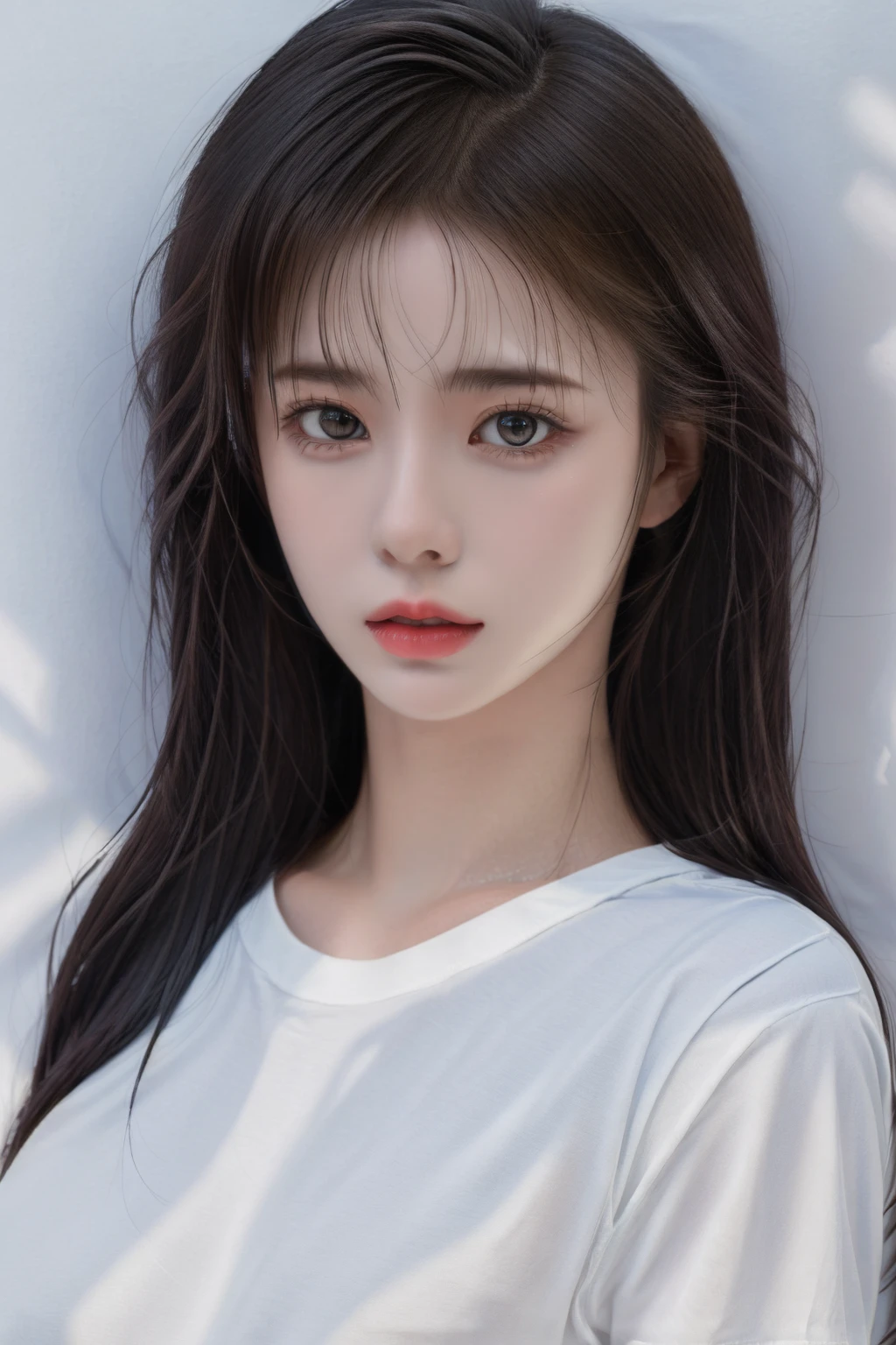 masterpiece, Best quality, Raw Photo, 1girl, portrait, (hyperrealism), ultra high res, realistic, photorealistic, 1girl, pale skin, skinny, <lora:add_detail:0.6>, sun ray,  sfw, portrait,  <lora:BJ_Seoyoon:1>, white shirts, sunlight,