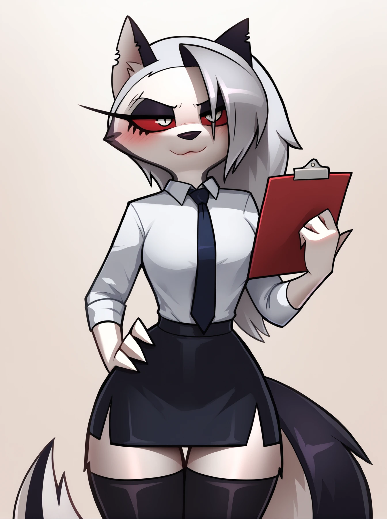 score_9_up, score_8_up, score_7_up, score_6_up,
<lora:Loona_Jizoku-style_XL_v2:1> loona(jizokumode), hellhound, red sclera,
anthro, black bottomwear, black clothing, black legwear, black skirt, black thigh highs, bottomwear, business suit, businesswear, clipboard, clothing, ear piercing, ear ring, female, fur, grey hair, hair, legwear, necktie, office, office lady, pencil skirt, piercing, ring piercing, secretary, shirt, skirt, solo, suit, thigh highs, topwear, white body, white clothing, white eyes, white fur, white shirt, white topwear, loona (helluva boss), canid demon, demon, mammal, white background, simple background