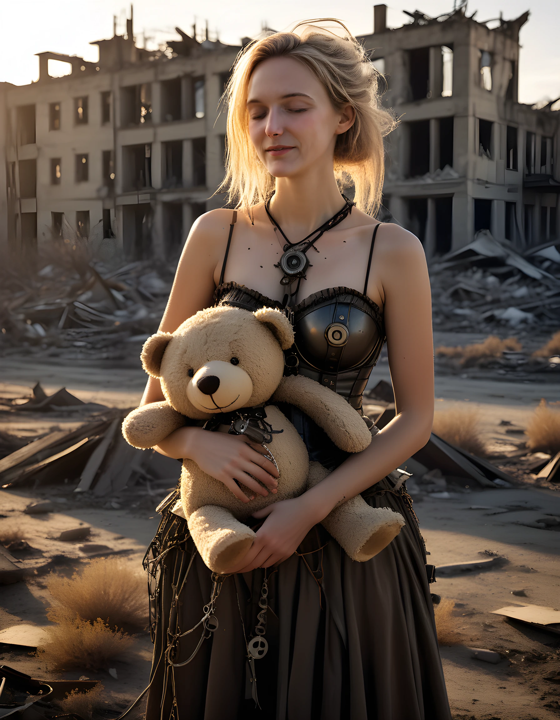 In a surreal, post-apocalyptic landscape under the soft, golden glow of a setting sun, a solitary woman, identified as I50B3LH, stands tall and defiant. She is adorned in an intricately designed outfit made from recycled materials, including a long, flowing skirt embellished with rusted gears and a corset top decorated with frayed wires. Her blonde hair cascades down her back like liquid gold, framing her closed eyes that hint at deep introspection. With a radiant, enigmatic smile revealing a gap-toothed grin, she clutches a weathered teddy bear to her chest, creating a striking juxtaposition between vulnerability and strength, as she gazes out into the desolate wasteland, embodying hope amidst despair. The camera angles from a low perspective, capturing her in profile against a backdrop of crumbling buildings and barren trees, with a dramatic chiaroscuro effect that highlights the contrast between light and shadow, casting long, ominous shadows that dance upon the ground like spectral specters.