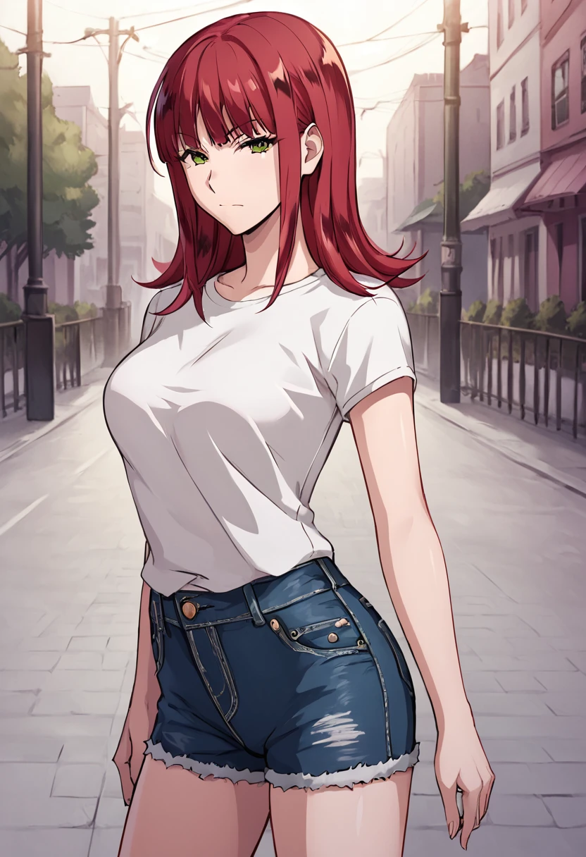 katori_youko, red hair, medium hair, green eyes, medium breasts, official art,white top tank, jeans shorts BREAK outdoors, city street  BREAK cowboy shot, looking at viewer, standing,closed mouth, neutral face, dynamic pose BREAK score_9, score_8_up, score_7_up, source_anime ,zPDXL,  <lora:Katori_Youko:0.8>