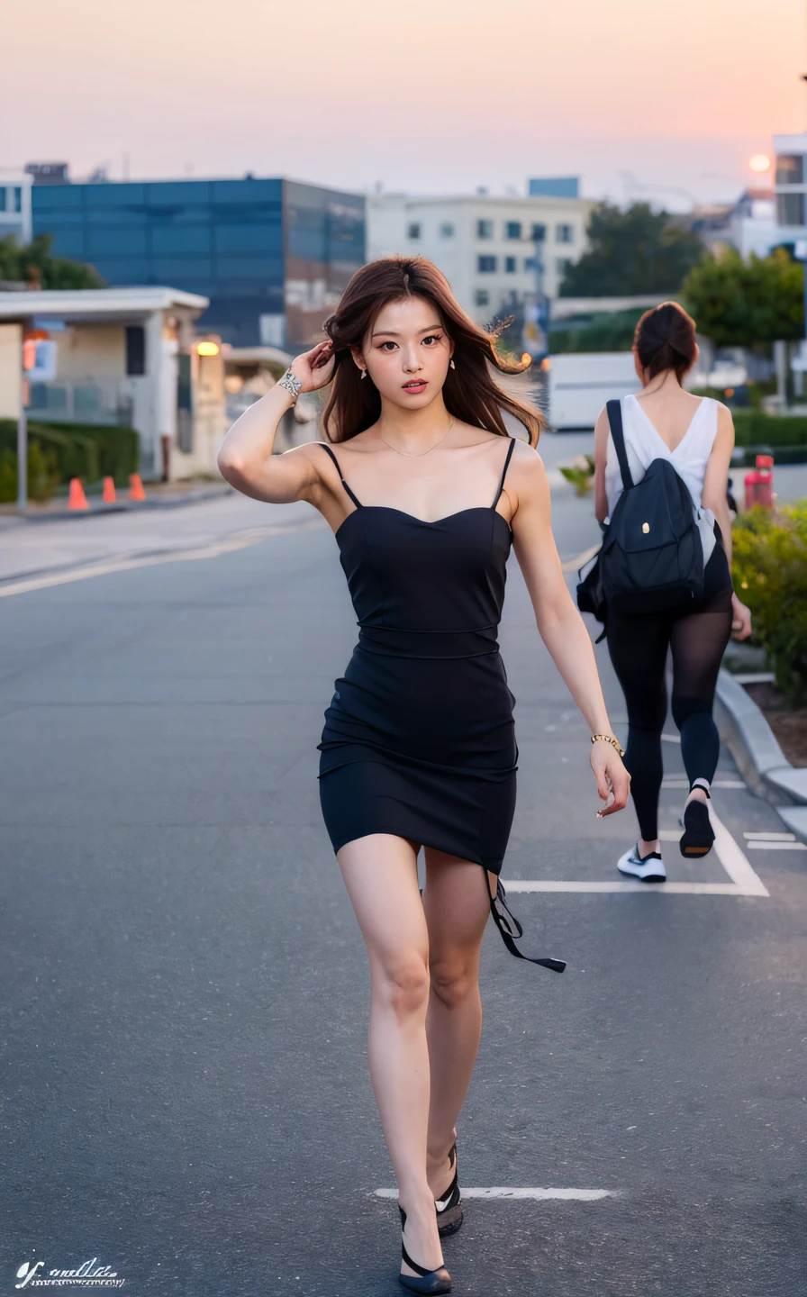 (Fullbody:1.3), <lora:Sana_V1:1> $@n@,, (realistic), (hyperrealism), (photorealistic:1.4), 1girl, looking at the viewer, eye makeup, detailed eyes, detailed face, (upper body:1.2), detailed background, black dress, walking at the streets, sunset, (windy:1.2)